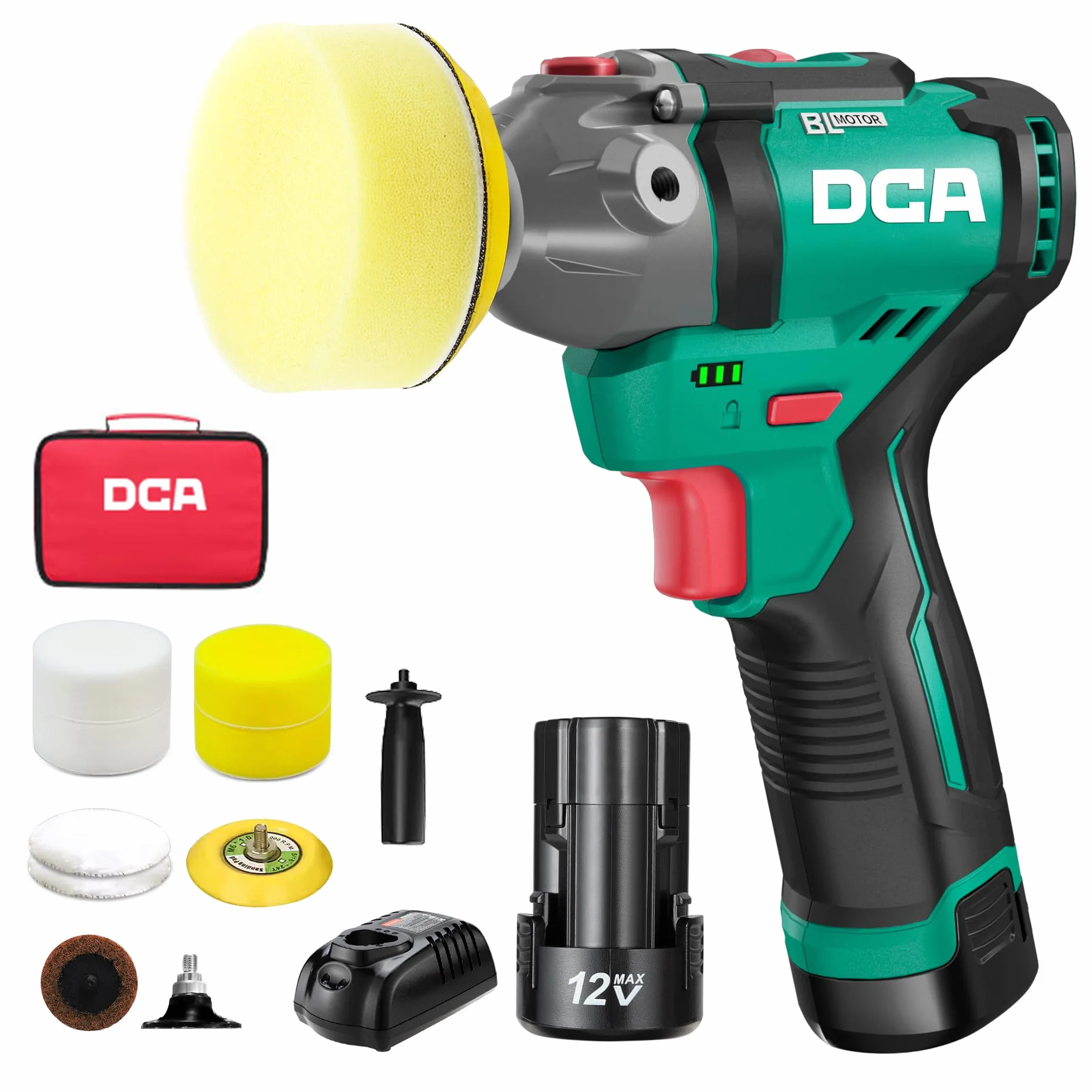 DCA Lucidatrice Auto a Batteria 12V 75mm Mini Lucidatrice Rotativa Senza Spazzole 50mm Levigatrice 2 Batterie 2,0Ah 2 Velocità 2800-8300 RPM