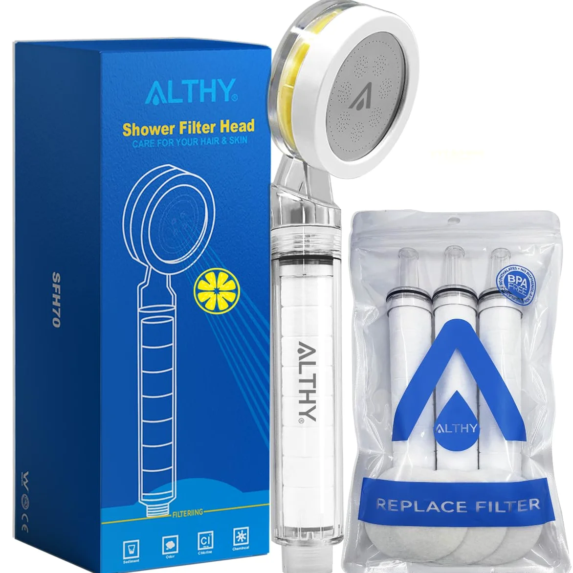 ALTHY Soffione Doccia Filtro Vitamina C, soffione doccia con filtro SPA, rimuove polvere, ruggine, cloro e metalli pesanti - prenditi cura della tua pelle e dei tuoi capelli(Con 1VC + 4PP Filtro)