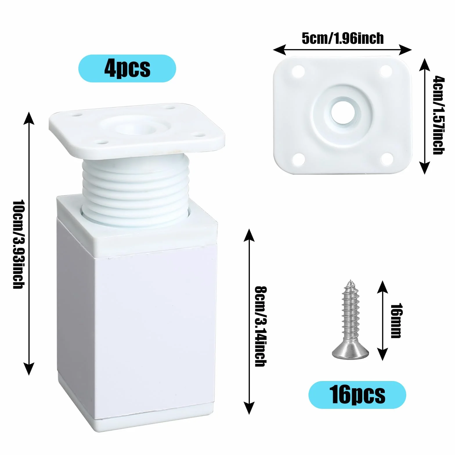 Piedini Regolabili per Mobili 8cm Quadrata Alluminio Bianco 4 Pezzi