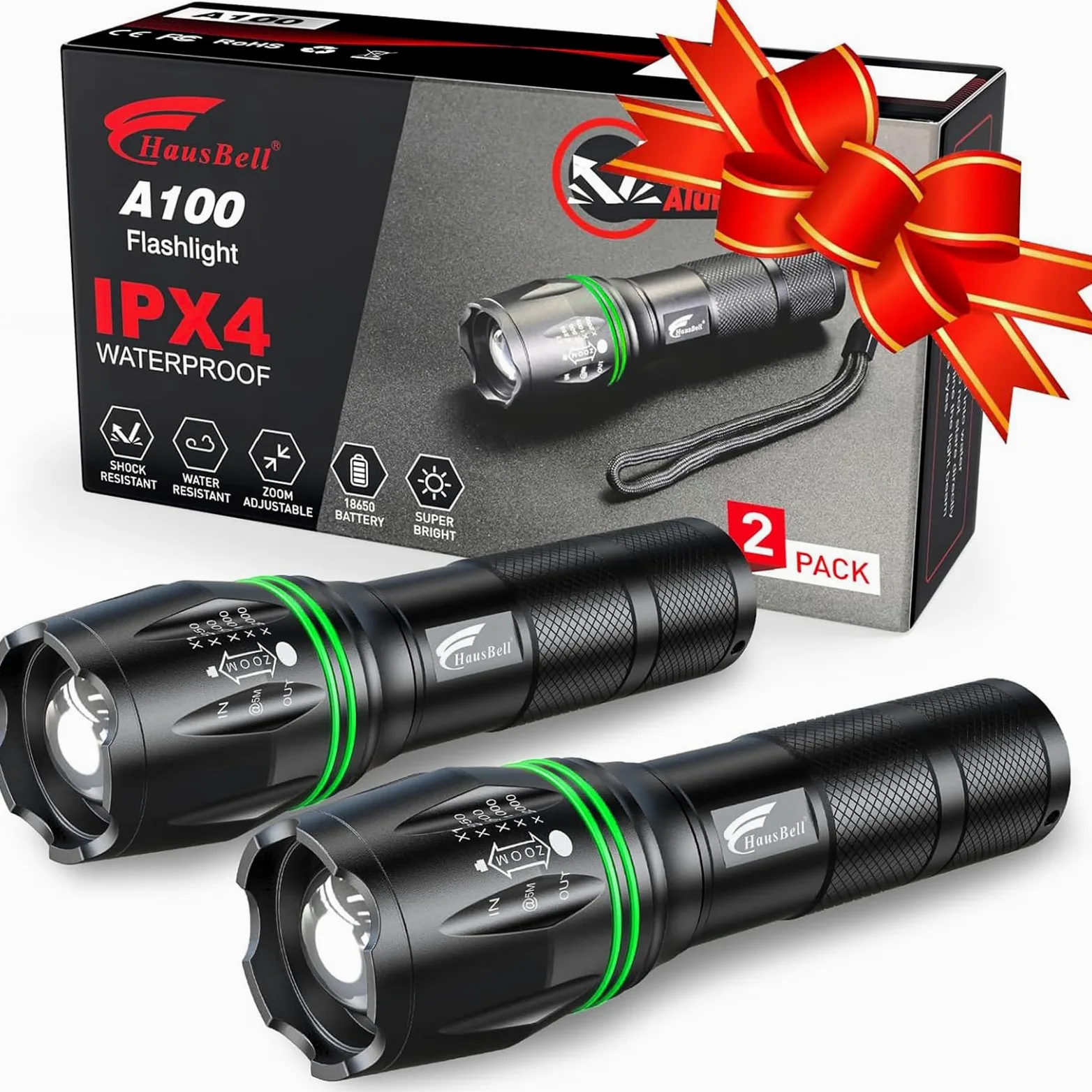HAUSBELL Torcia LED 2000 Lumen (2 Pezzi) – Super Luminosa, 5 Modalità, Zoom Regolabile, Impermeabile, Alimentazione a Batteria – Torcia Tattica per Campeggio, Escursionismo, Emergenze (Nero)