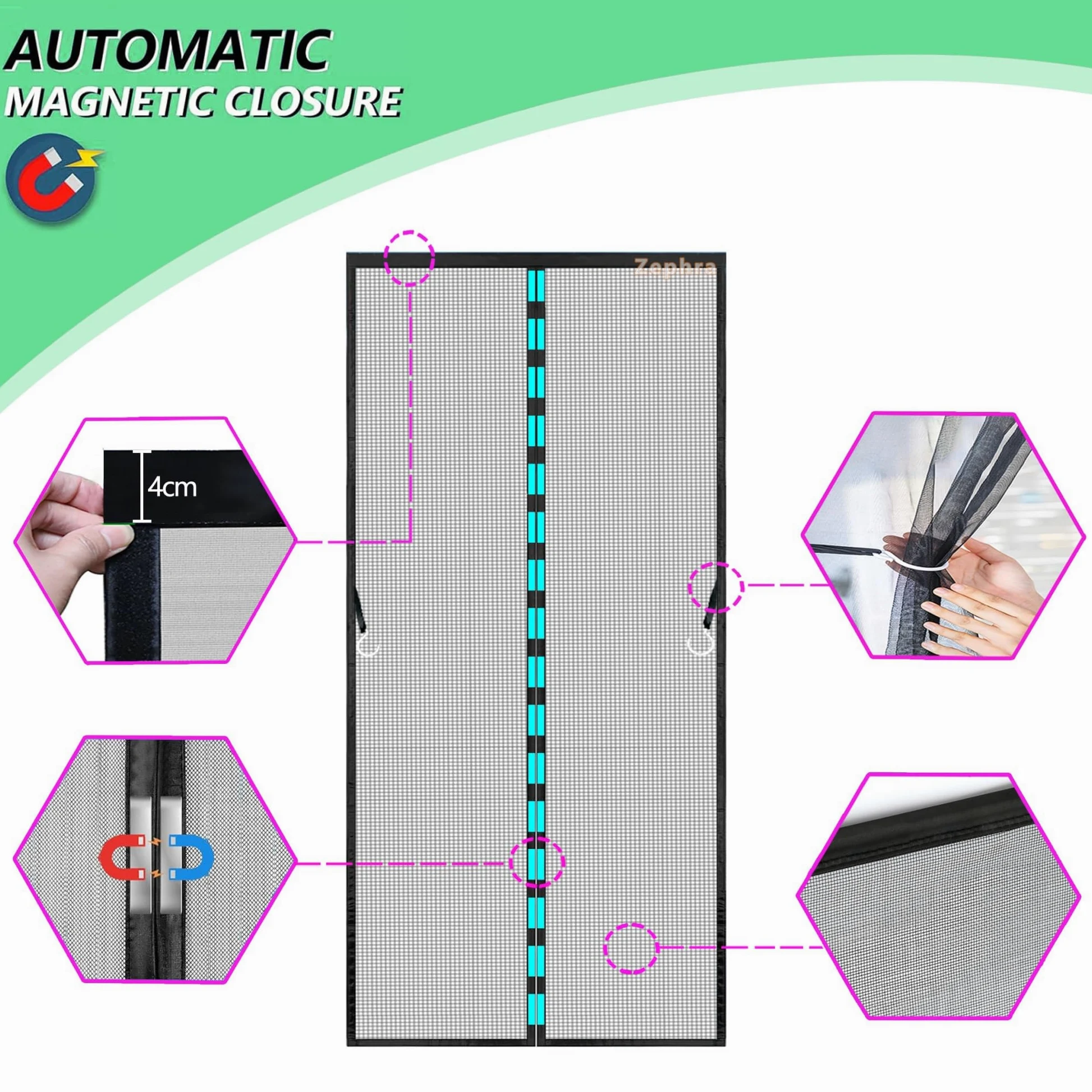 Zanzariera A Chiusura Automatica, 255x210cm Tenda Zanzariera per Porta, Chiusura Automatica Adsorbimento Magnetico, per Porte D'Ingresso Porte Cortili JPP1k Nero