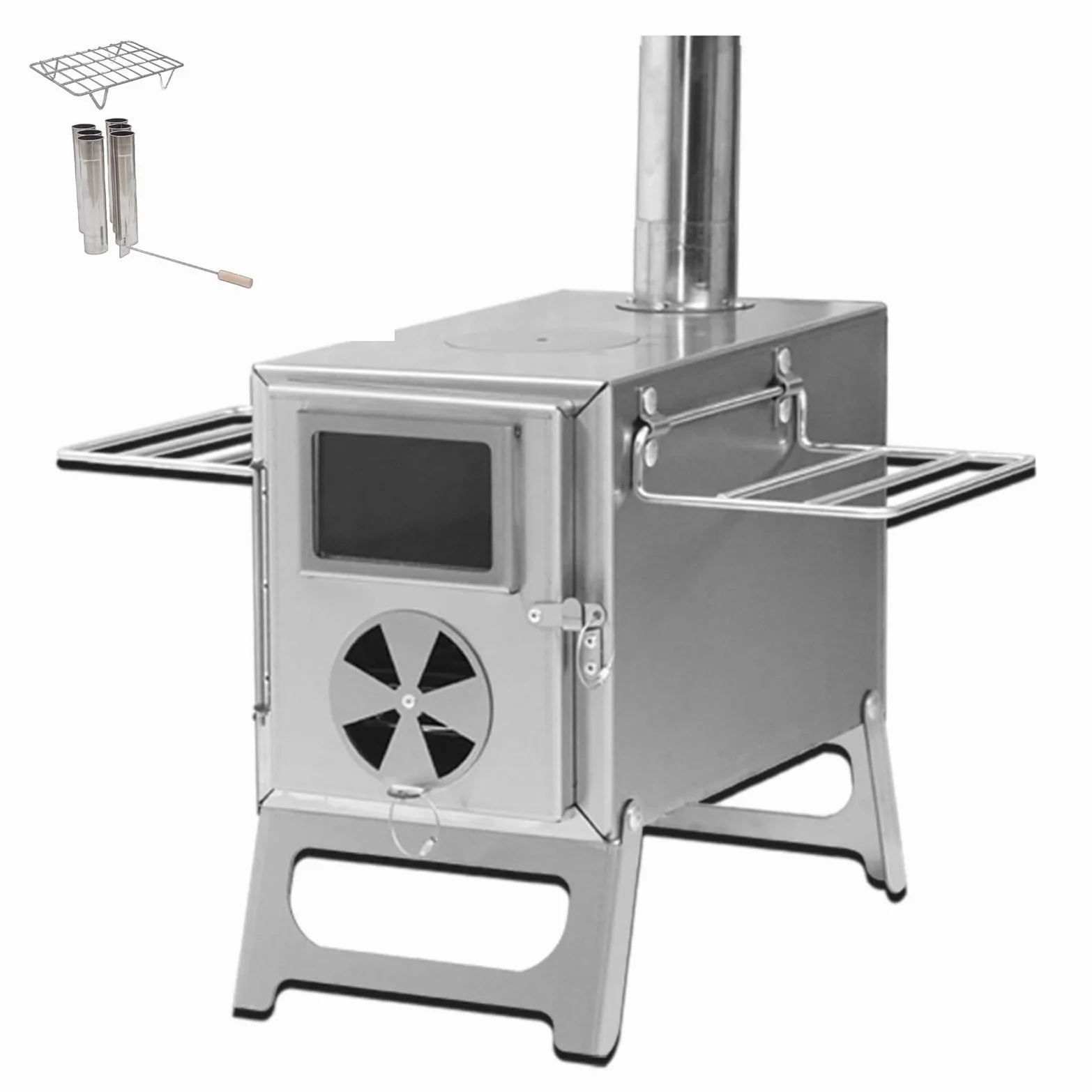 Stufa a Legna Portatile da Campeggio Realizzato in Acciaio Inossidabile Design Pieghevole con Finestra di Osservazione