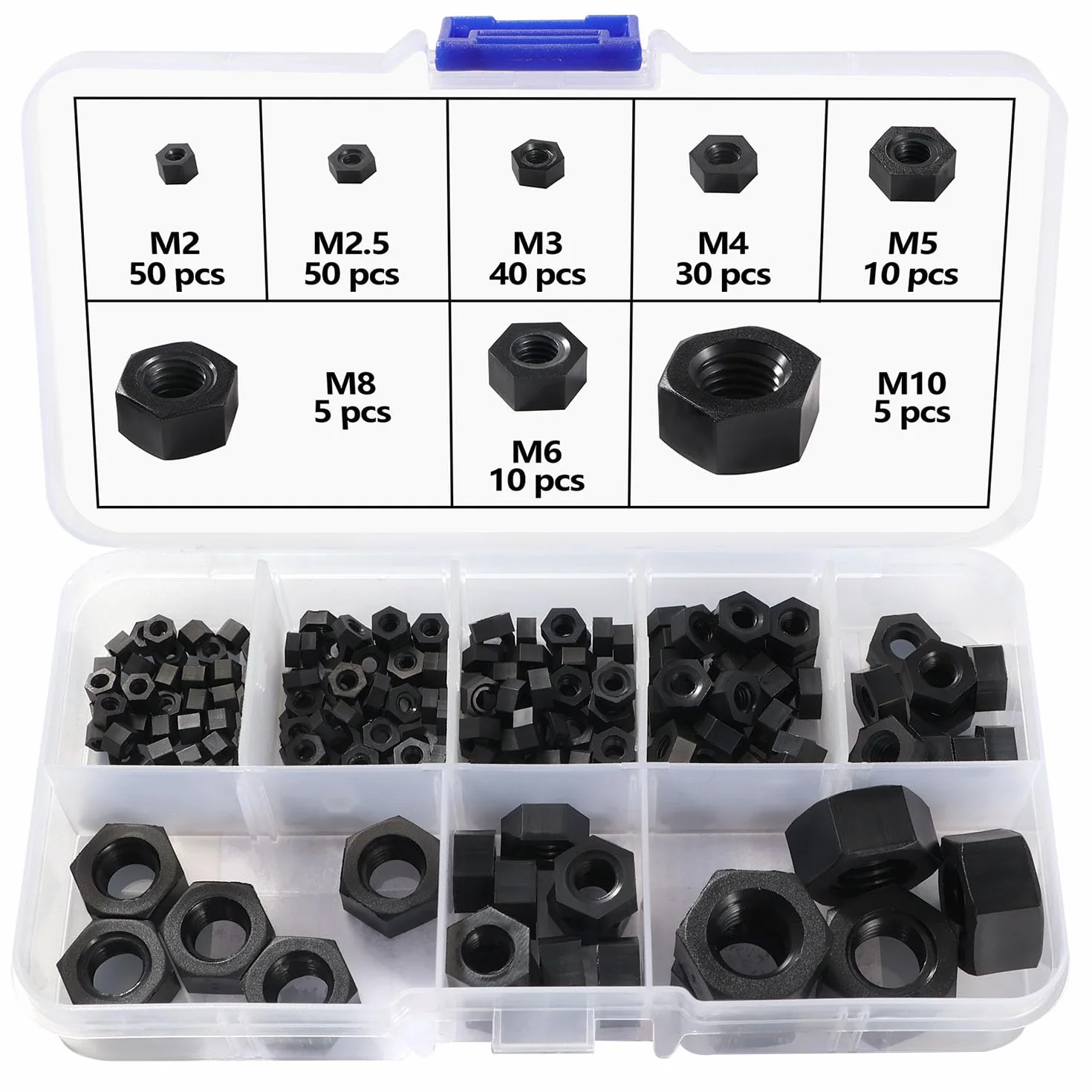 M2-M10 Dadi Esagonali in Plastica Nylon Filettato Metrico Nero 200 Pezzi