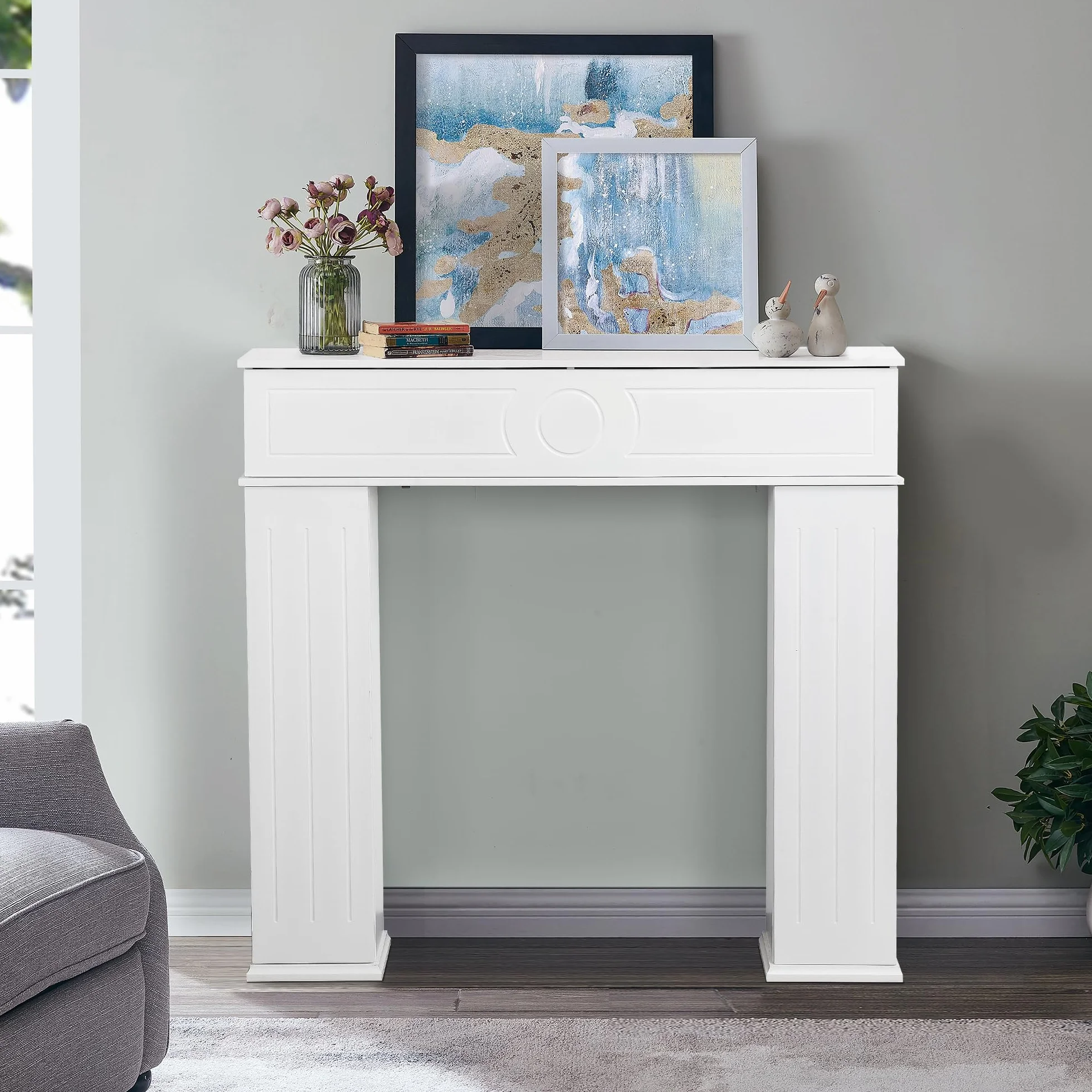 Cornice decorativa per camino in legno 3 porte con vano portaoggetti e scomparto segreto