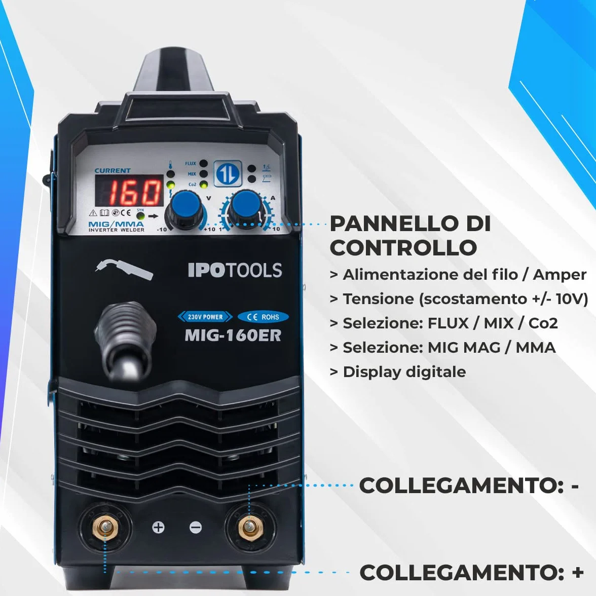 IPOTOOLS MIG-160ER Saldatrice MIG MAG 160A 230V IGBT 3 in 1 MMA Flux