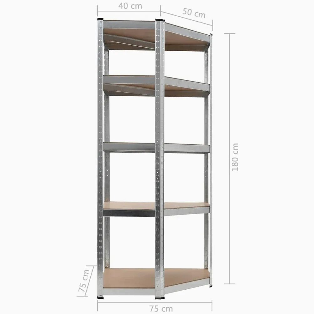Scaffale angolare con 5 ripiani, in acciaio argentato e legno, regolabile in altezza, per uso privato e commerciale