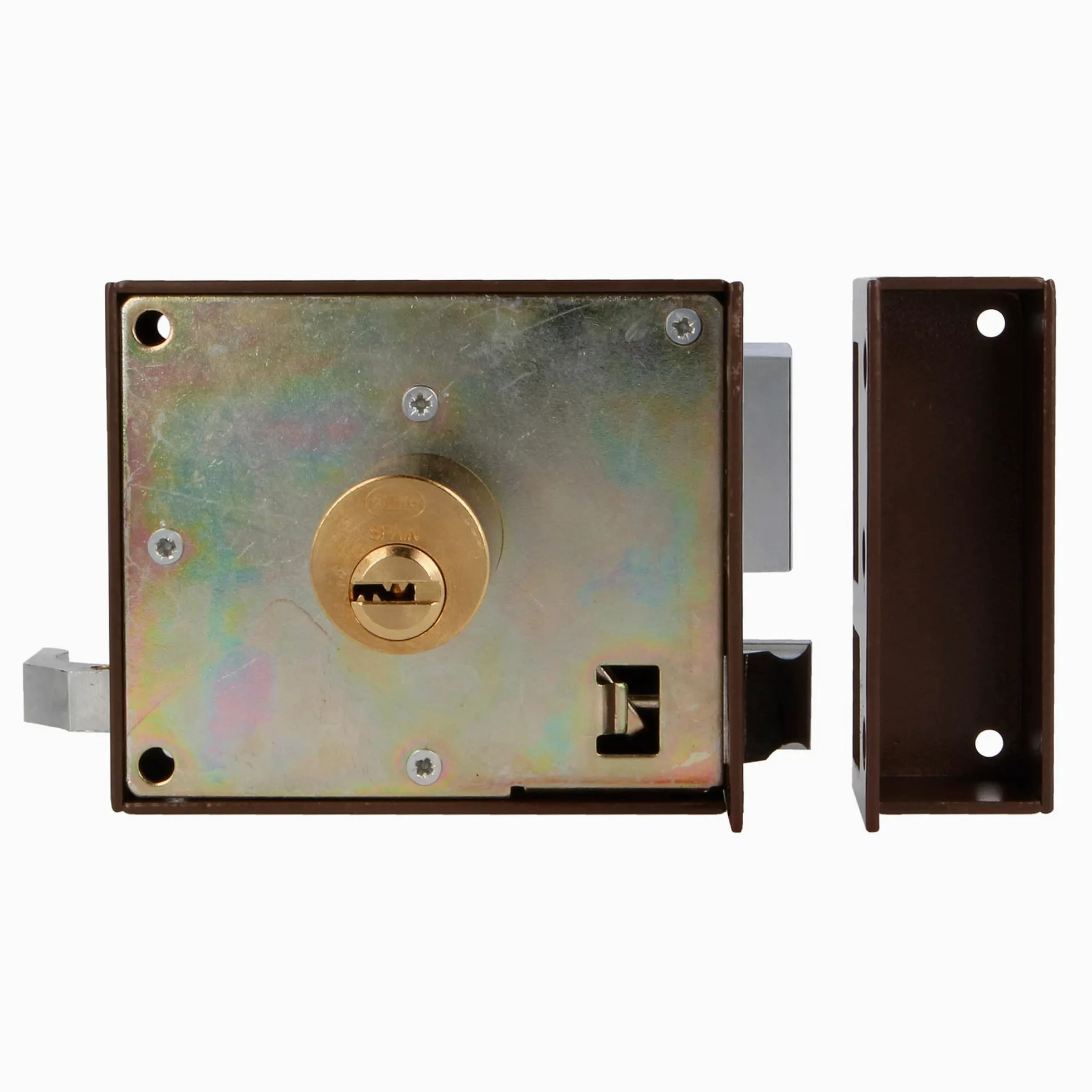 Amig - Serratura Sovrapposizione Sinistra Mod. 72 - Con leva, linguetta e maniglia - Sicurezza migliorata con cilindro rotondo, per porte in legno, marrone, 100 x 85 mm