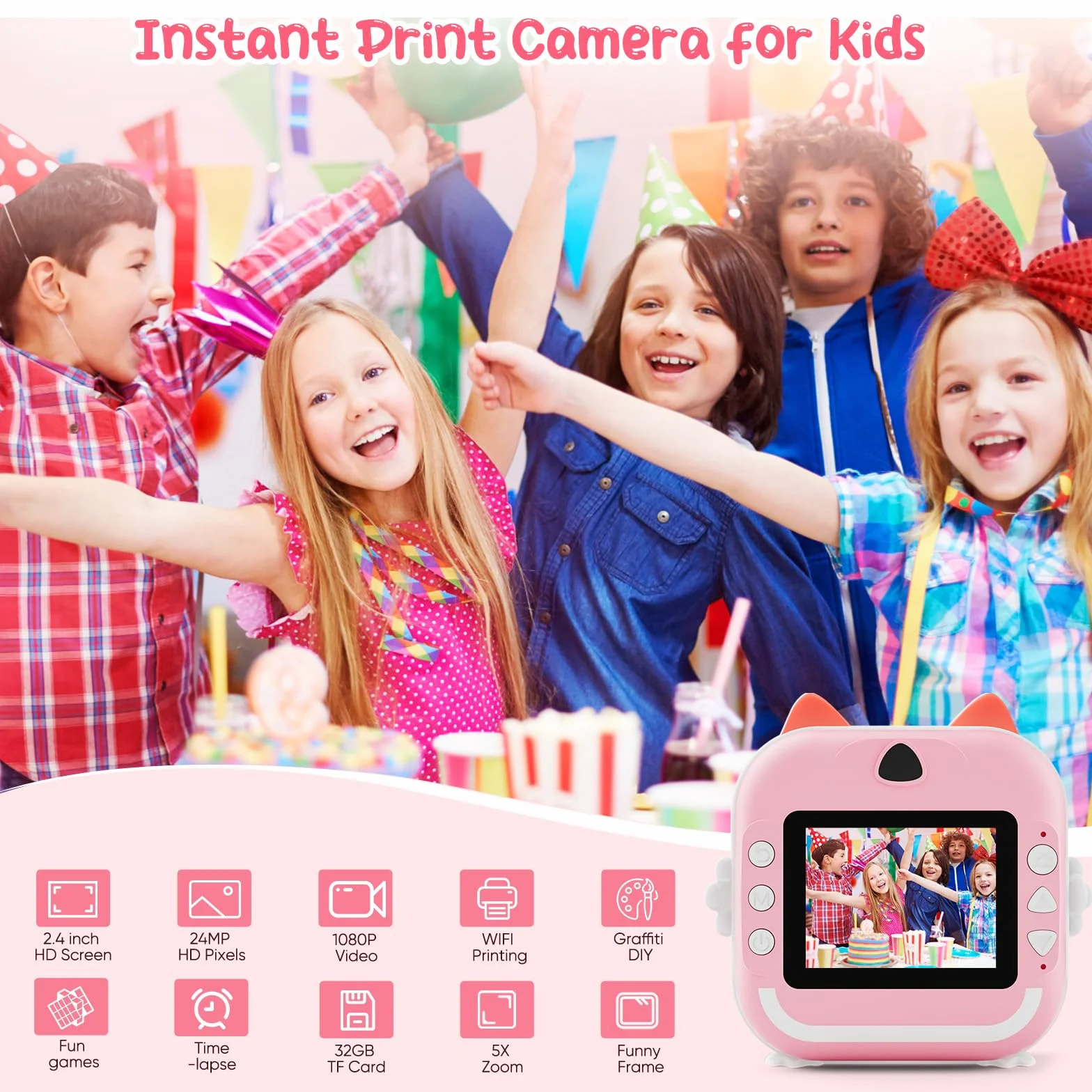 Macchina Fotografica Bambini Istantanea, Potuem 2.4 Pollici Digitale Fotocamera Bambini con 32GB Scheda TF, 6 Penne Colorate, 24MP/1080P Fotocamera Istantanea per Bambini, Regalo di Compleanno