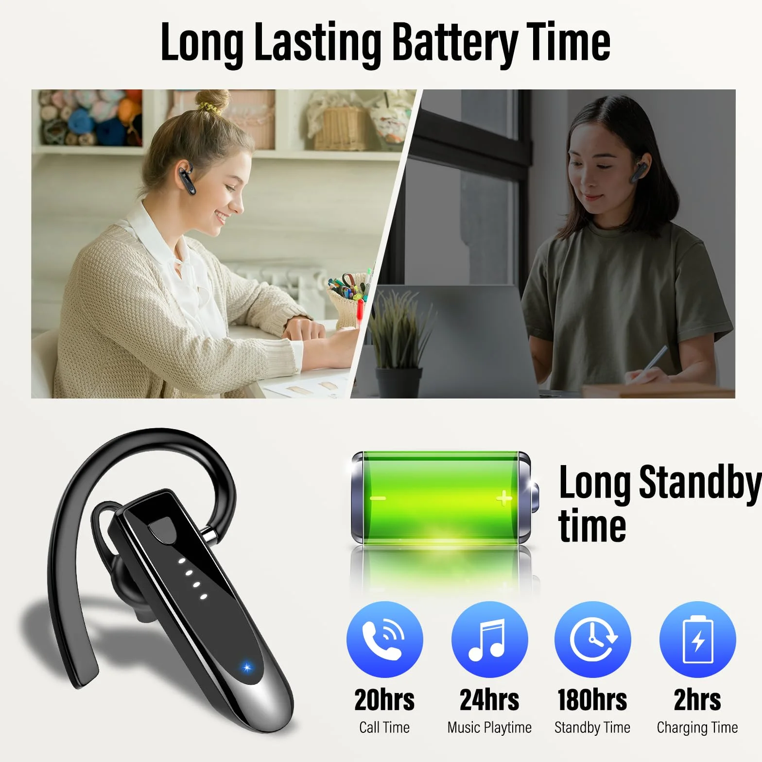 Auricolare Bluetooth Singolo con Doppio Microfono V5.4 Auricolari Bluetooth con 20 Ore Di conversazione, 180 Ore in Standby, cuffie bluetooth con Gancio Girevole per Guida/Lavoro/Business, Nero