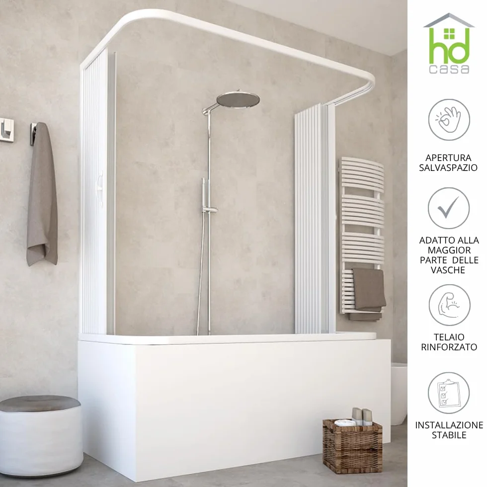 HD CASA Box Sopravasca a Soffietto 3 Ante Pannelli Semitrasparenti Profili Bianchi Cabina Doccia Salvaspazio PVC Made in Italy 70x170x70 cm