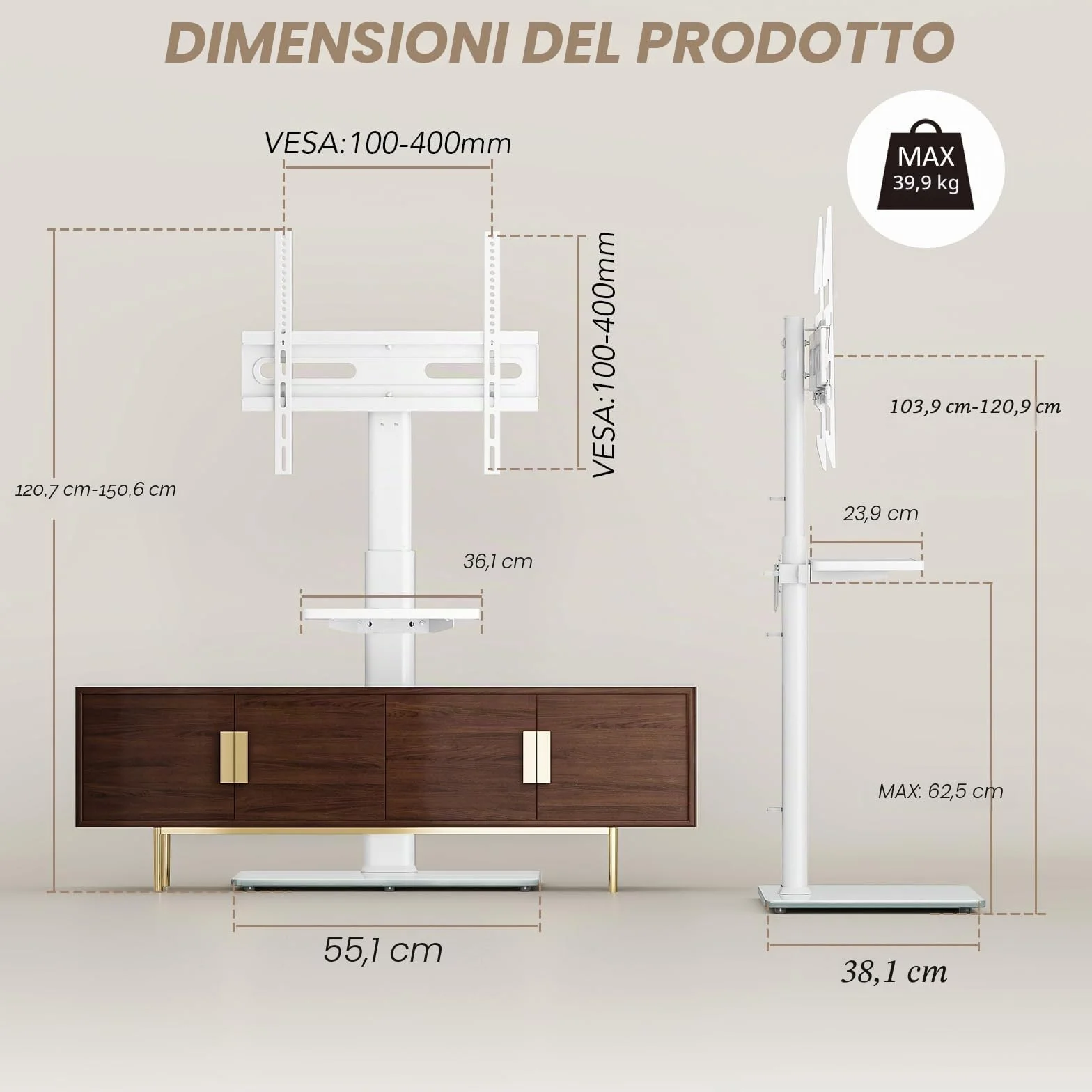 AX2006TW - Supporto universale per TV da pavimento con supporto girevole a 70 gradi, altezza regolabile a 9 livelli, design salvaspazio per la maggior parte dei televisori LCD, LED OLED da 27 a 65