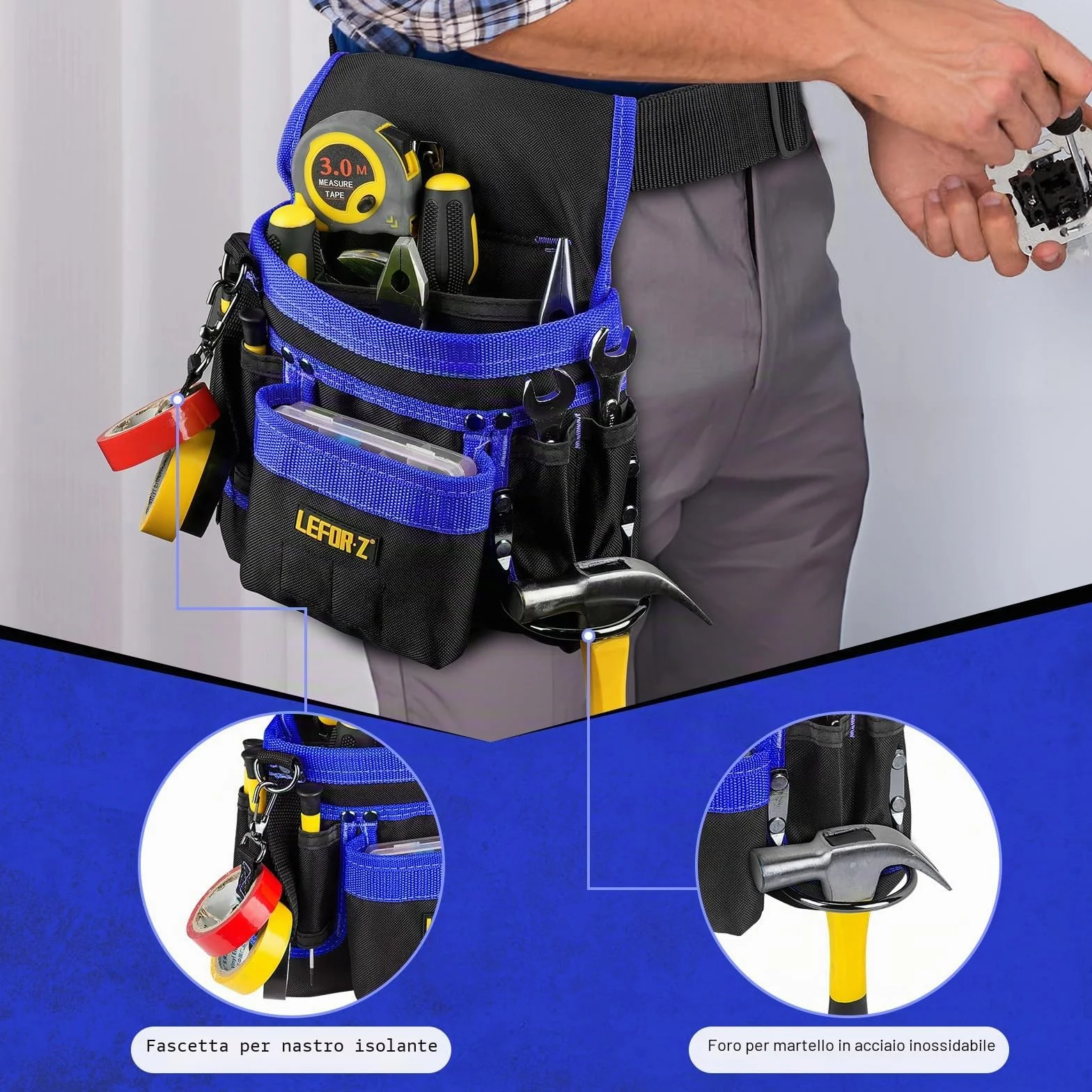 Cintura Porta Attrezzi Magnetica 14 Tasche Regolabile Staccabile Elettricista Falegname Edilizia Nero-Blu