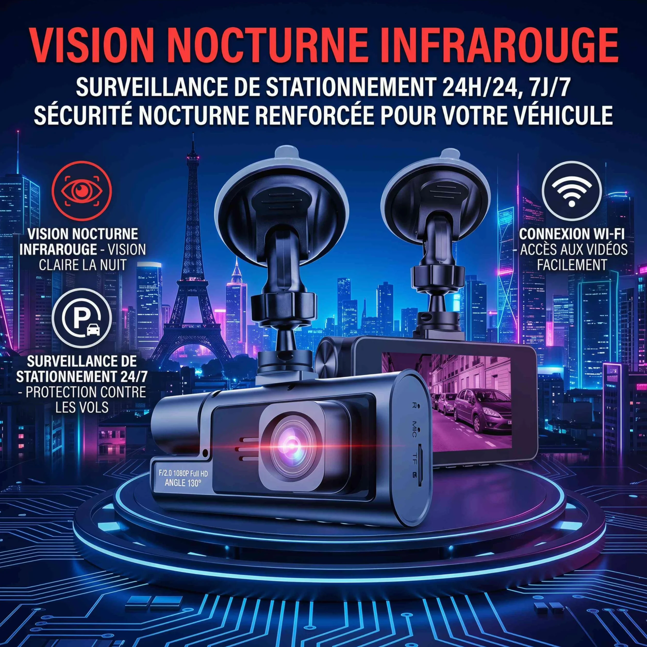 Telecamera Dashcam 3 telecamere 1080P Full HD | Massima sicurezza a 360° senza angolo morto, visione notturna e parcheggio monitorato, WiFi integrato rilevamento del movimento, ideale per i conducenti