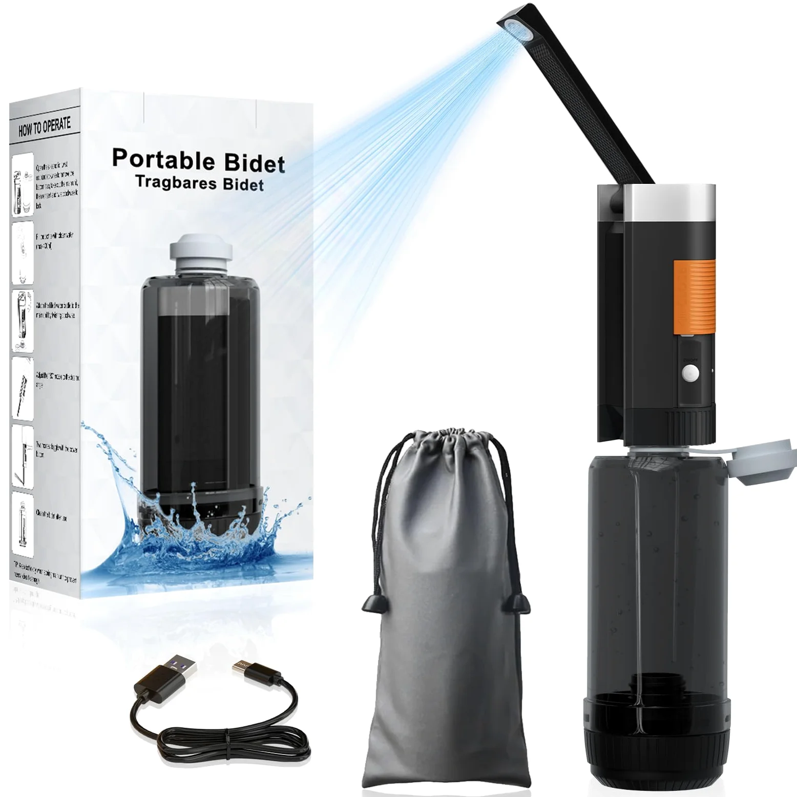 PChero Bidet da viaggio portatile, 400 ml, ricaricabile, IPX6, impermeabile, per la pulizia personale, lavaggio del bambino, cure postnatali, perineali ed emorroidi