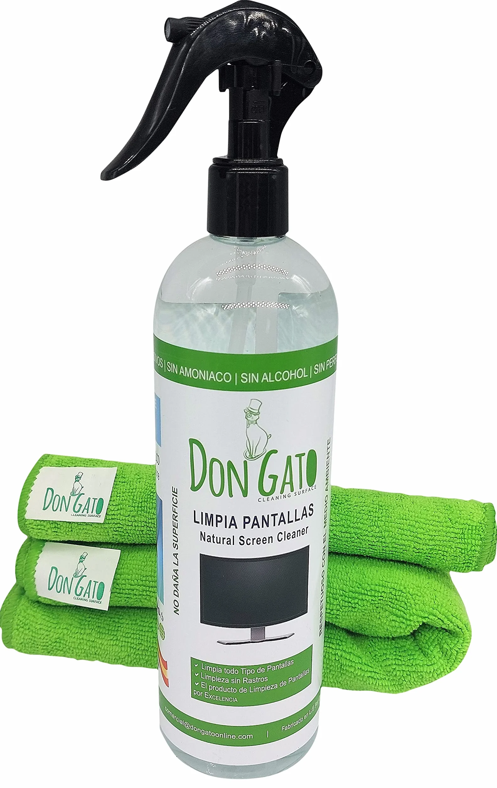 Don Gato – Kit per la pulizia dello schermo + 2 panni in microfibra (500 ml) per TV, Tablet, PC/portatile, LCD, LED, cellulare, fabbricato con prodotti naturali, senza alcool.