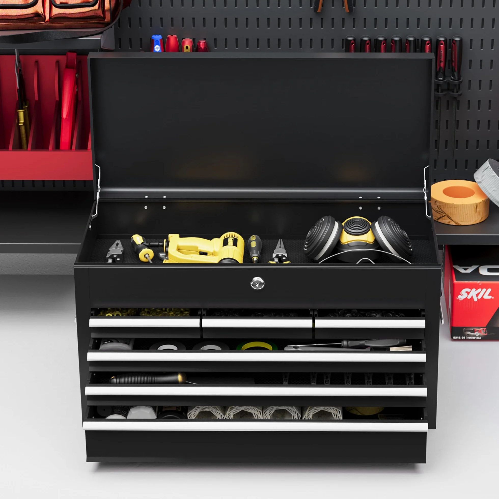 HOMCOM Cassetta Porta Attrezzi 6 Cassetti con Serratura, Acciaio Guide Sfera, 60x26x34 cm, Nero