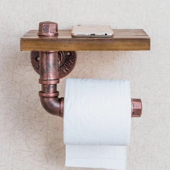 Portarotolo da parete industriale con ripiano in legno, accessorio da bagno rustico per risparmiare spazio