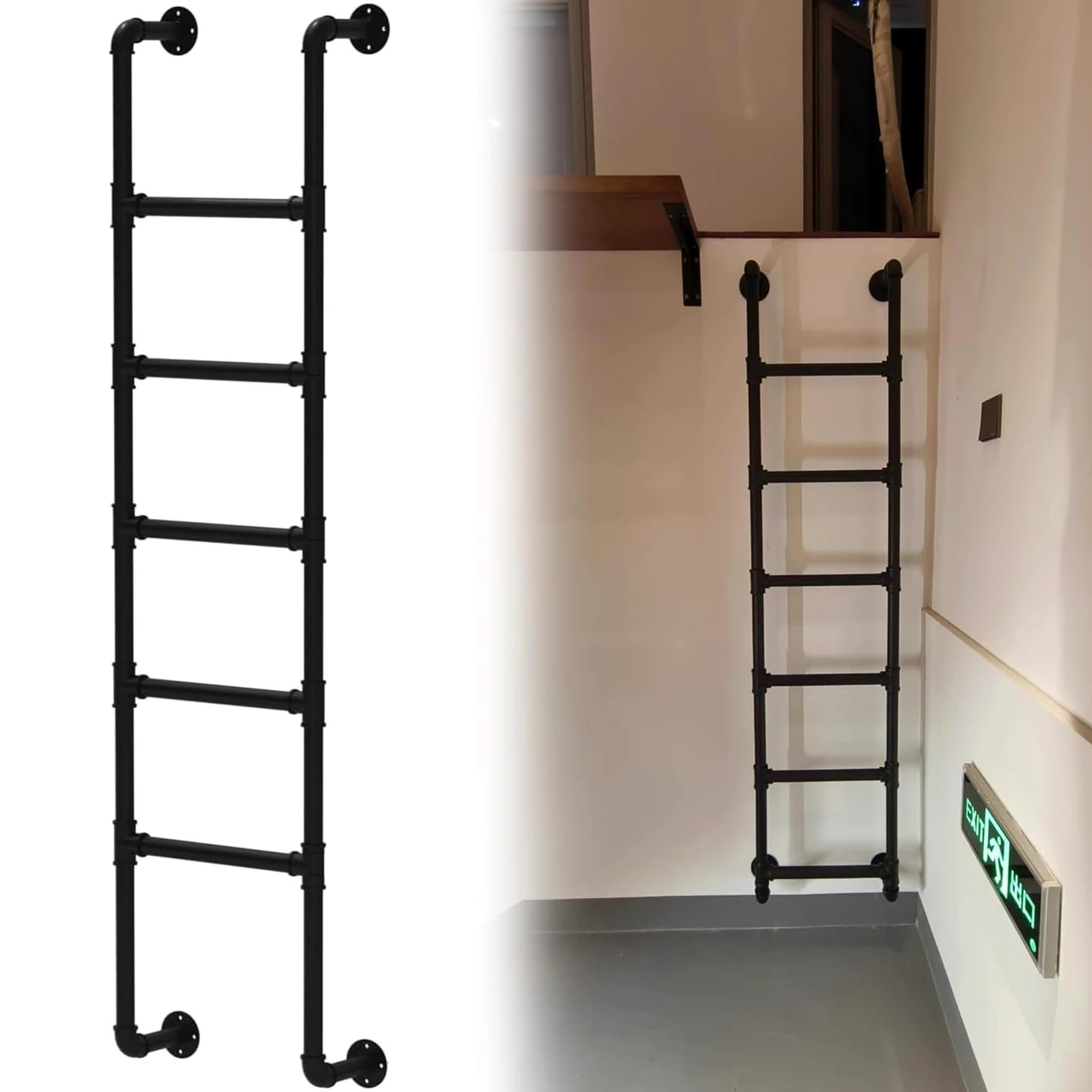 Scala di Emergenza Nera Resistente – Scala a pioli in Metallo Robusta da Parete per Letti a Castello e pozzetti delle finestre. Ferro battuto, capacità di carico 136 kg.