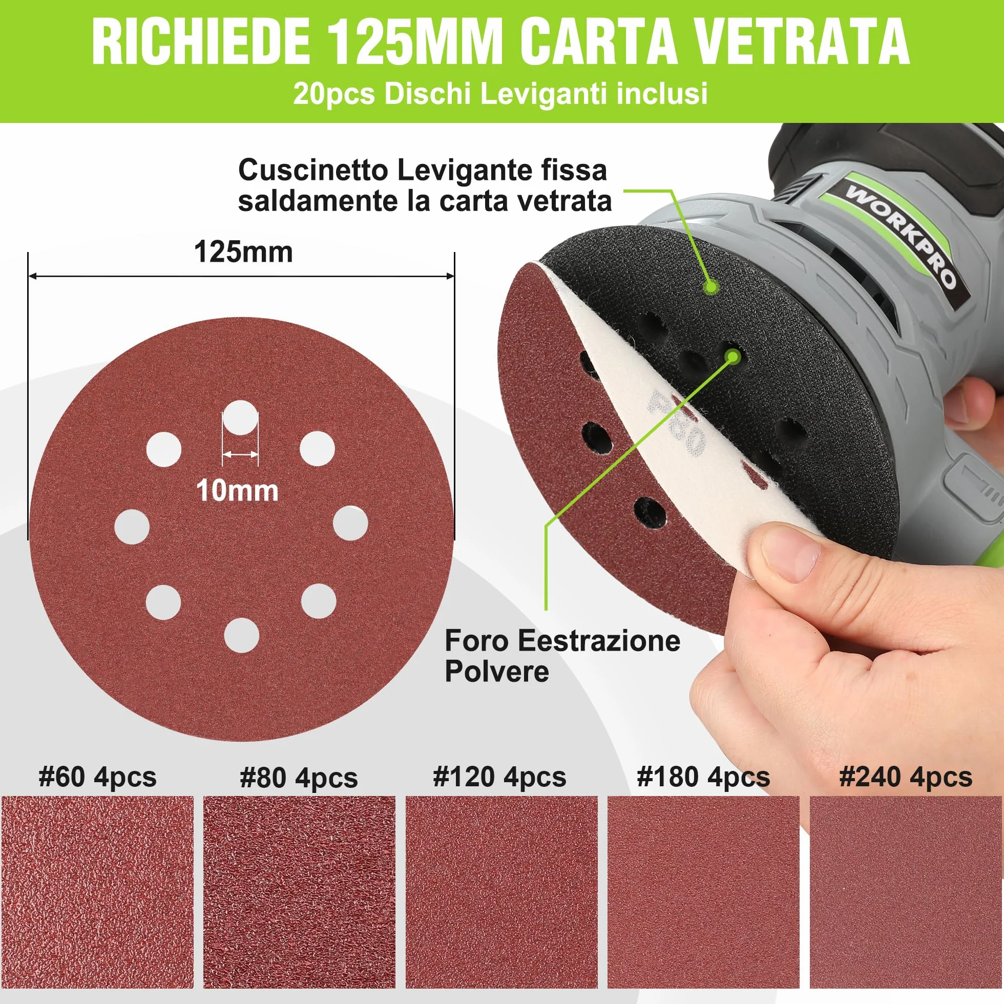 WORKPRO Orbitale 125mm, Rotorbitale 300W 7000-13000 OPM, Eccentrica con Aspirazione e Contenitore Polvere, 20 Pezzi Carta Abrasiva