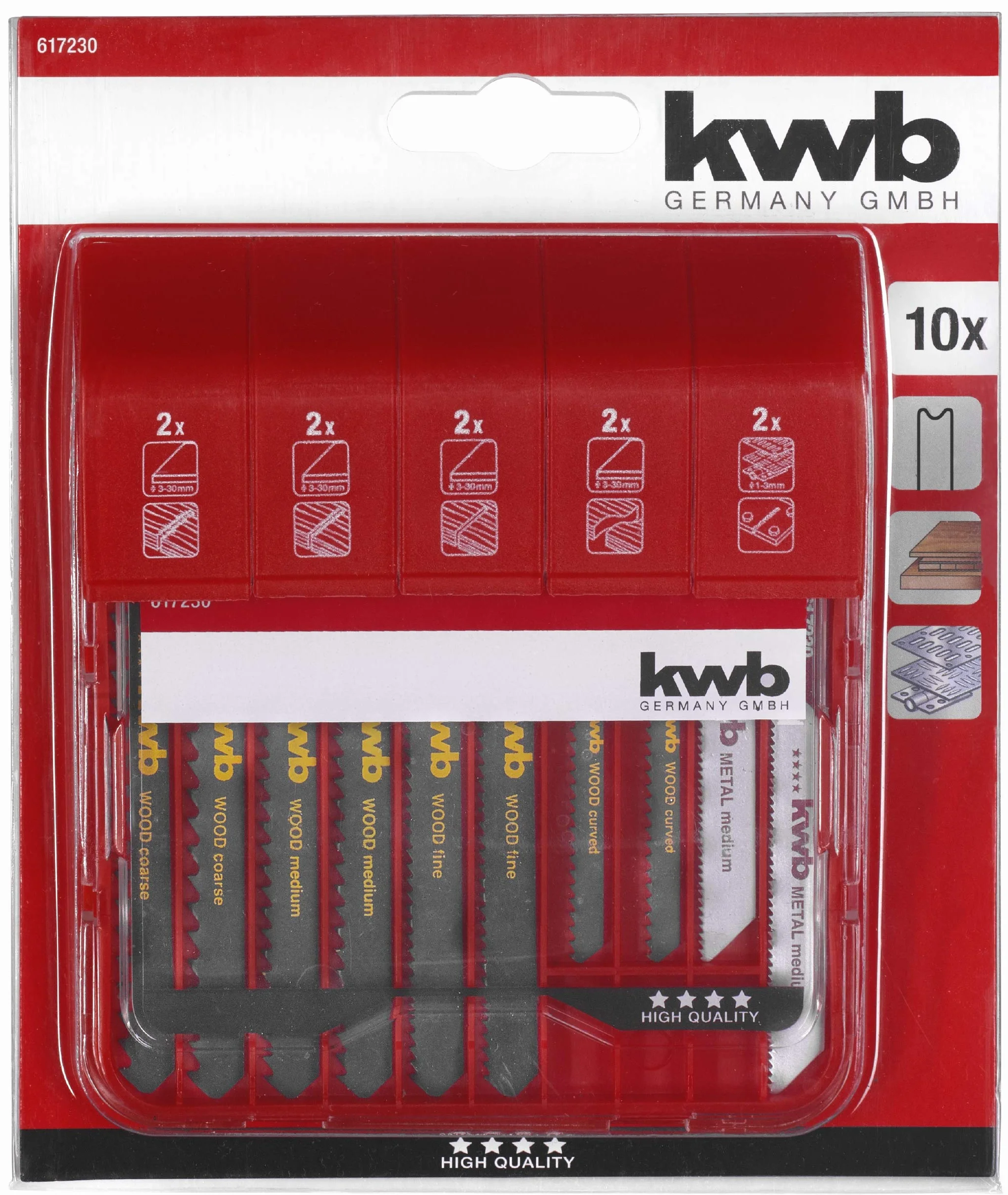 kwb 617230 Lame per seghetto alternativo con codolo S-30, set universale per metalli non ferrosi e legno, 10 pezzi