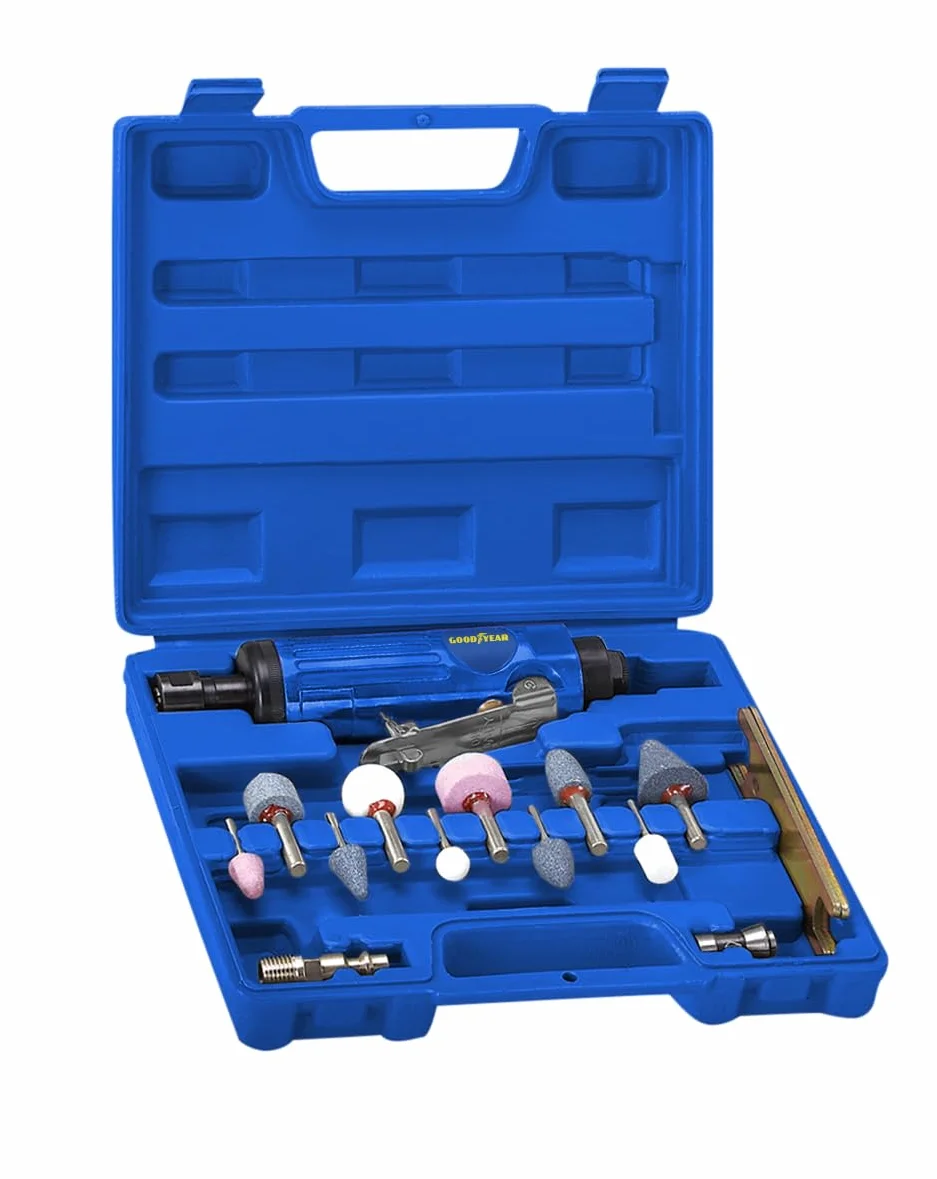 Goodyear - Smerigliatrice diritta pneumatica professionale 22000 rpm 1/4" e 1/8", lega di alluminio, kit con 10 pietre per affilare, 2 mandrini e accessori inclusi (Amoladora recta)