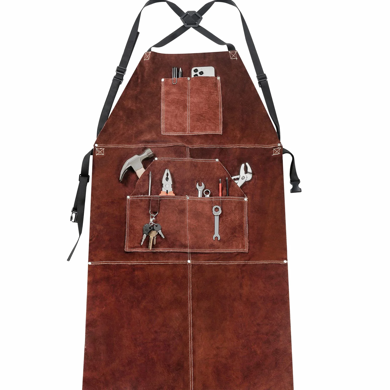 Yorbay Grembiule da Saldatura in Pelle con 5 Tasche e Spalline Regolabili, Resistente al Calore Ritardante di Fiamma Grembiuli per Utensili, per Fabbro, Falegname