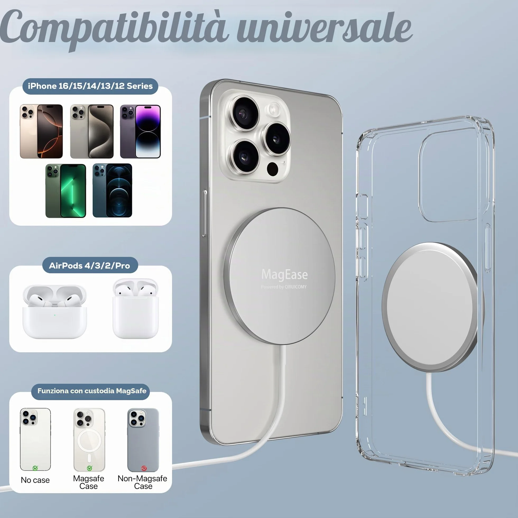 Caricatore Wireless Magnetico 2 in 1 – Design Ultra Sottile in Lega di Alluminio Compatibile con iPhone 16/15/14/13/12 (tutti i modelli) e AirPods 4/3/2/Pro (Bianco)