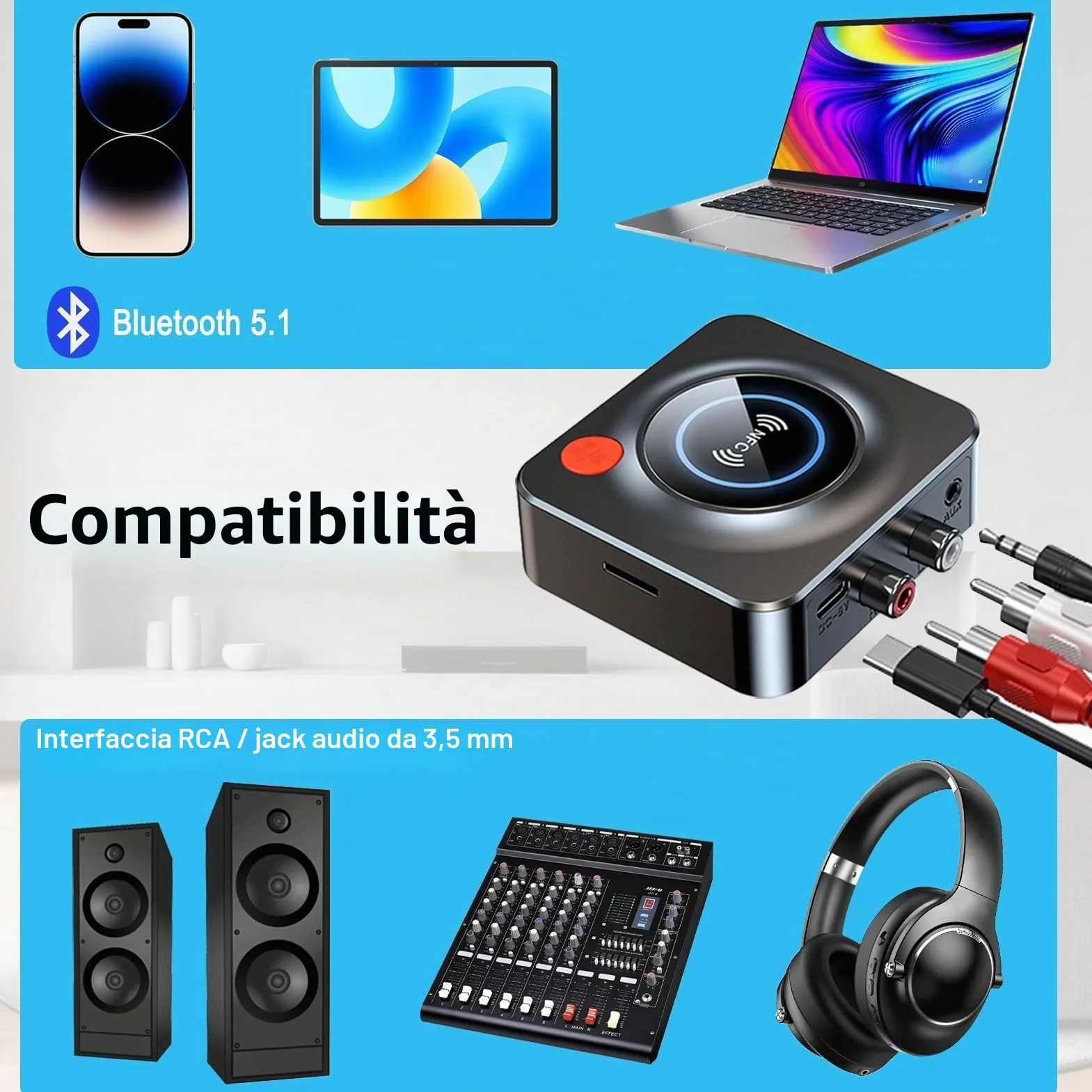 Ricevitore Bluetooth 5.3 HiFi, Adattatore Bluetooth AUX per Stereo Casa, Altoparlante, Amplificatore HiFi, con RCA/AUX Jack 3,5mm per Stereo Casa, Altoparlante, Amplificatore