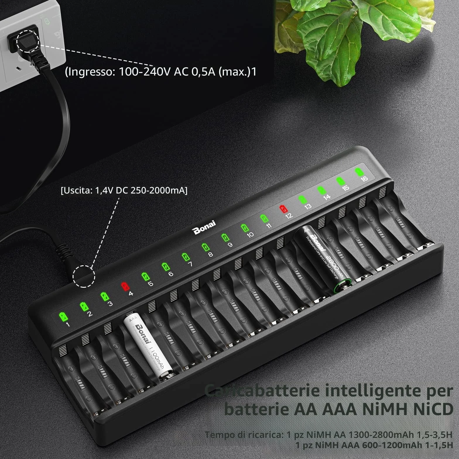 BONAI Caricabatterie Pile Ricaricabili AA AAA, Caricatore a 16 Slot per Batterie Ni-MH, Stazione di Ricarica Rapida con Monitoraggio Intelligente e Gestione Indipendente per Pile Stilo e Ministilo