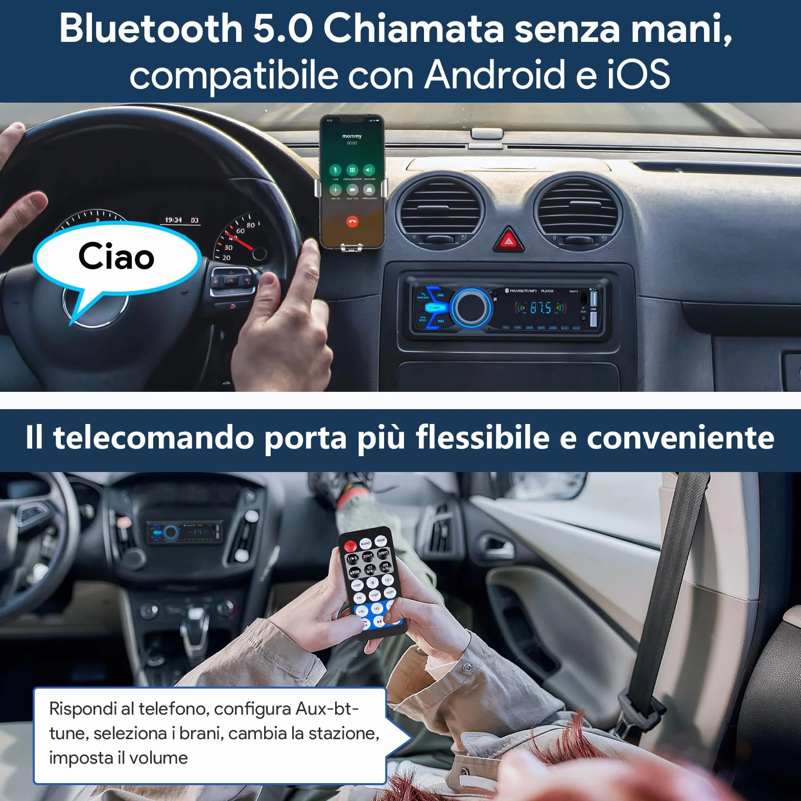 Autoradio Bluetooth,Wistrue Stereo Auto Bluetooth Autoradio 1 DIN FM Radio Auto Lettore MP3 Supporta 2 USB/Ricarica rapida/SD/AUX/Telecomando/supporto iOS/Android