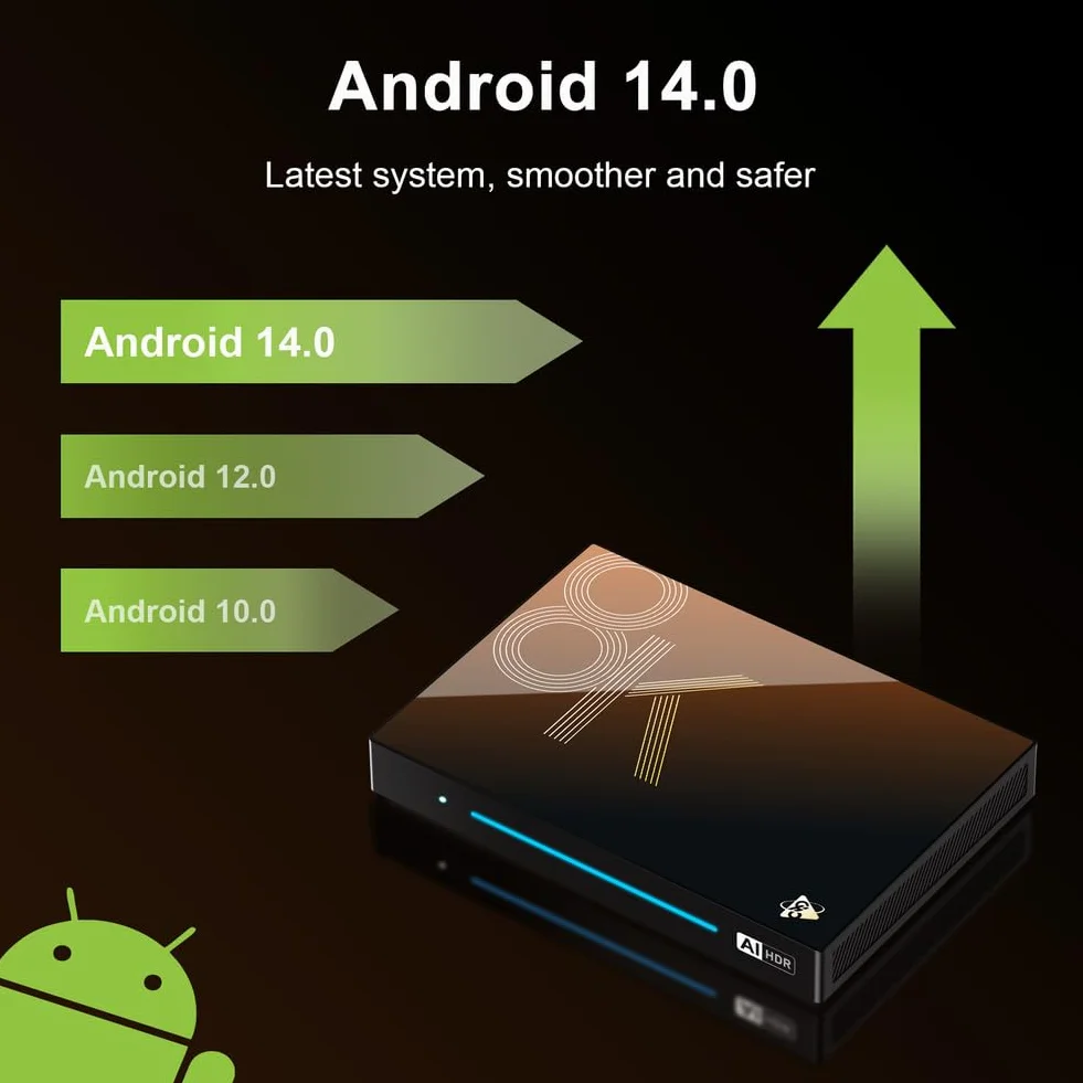 Android 14.0 TV Box 8 GB RAM 128GB Rom, 2025 TV Box Android Wi-Fi 6 2,4 g/5,8G 1000M Ethernet 8K/4K H728 Octa Core BT 5.0 USB 3.0 con Tastiera Mini Wireless,8gb+128gb