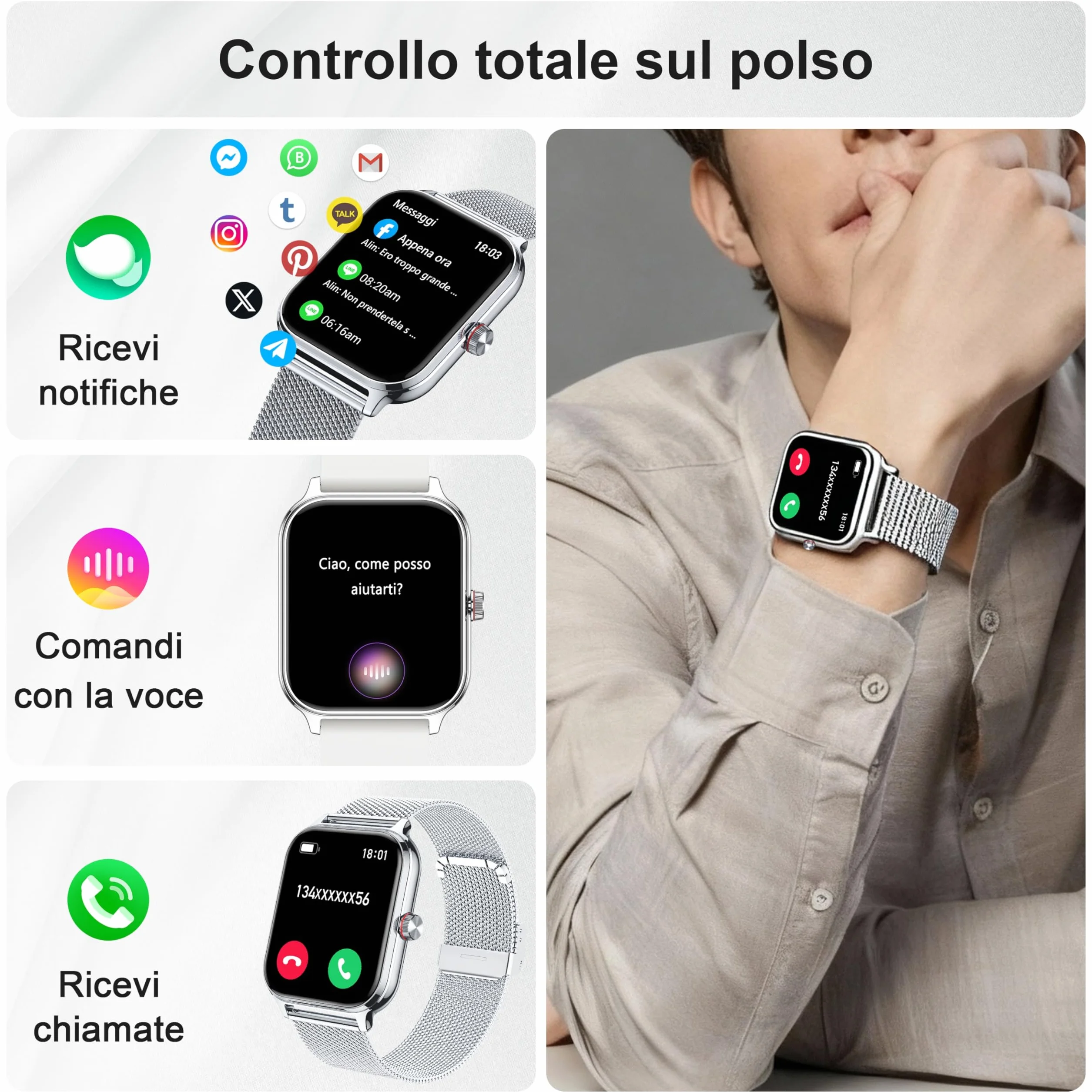 LODIMEKE Smartwatch Uomo Donna Chiamate Pressione Sanguigna Frequenza Cardiaca Sonno, 1.96'' AI Orologio 100+ Modalità Sportive, IP67 Impermeabile Contapassi Sveglia Calcolatrice iOS Android