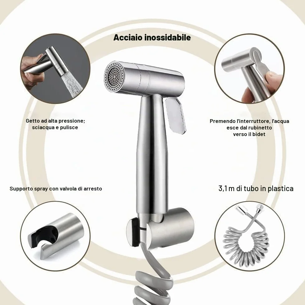 Bidet Portatile Kit Doccetta Spruzzatore Bidet WC Acciaio Inossidabile Tubo Doccia 3,1m