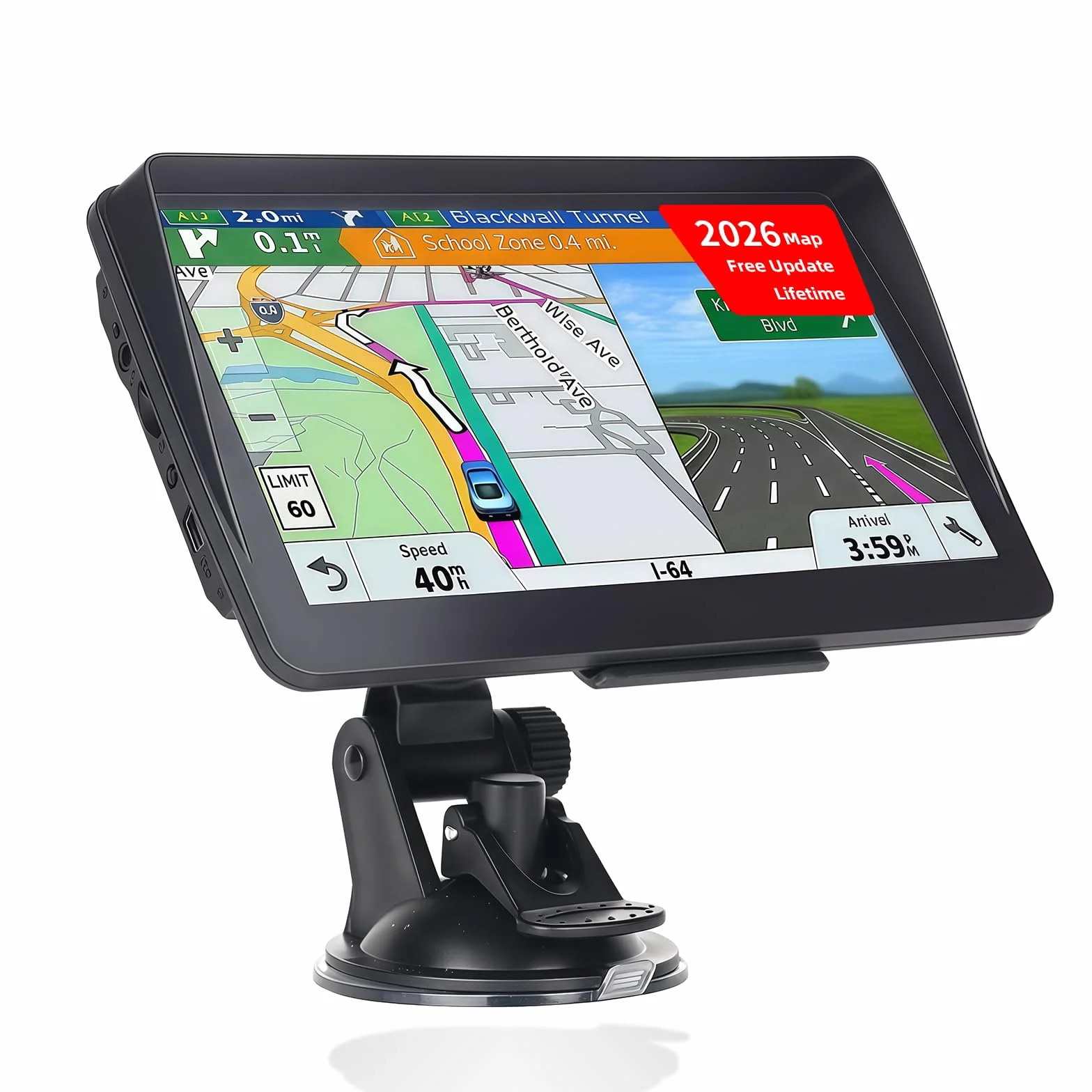 Navigatore satellitare da 7 pollici per auto e camion, sistema GPS HD con mappe del Regno Unito e dell'Europa 2026, aggiornamenti gratuiti a vita, ricerca codice postale, guida vocale, avvisi