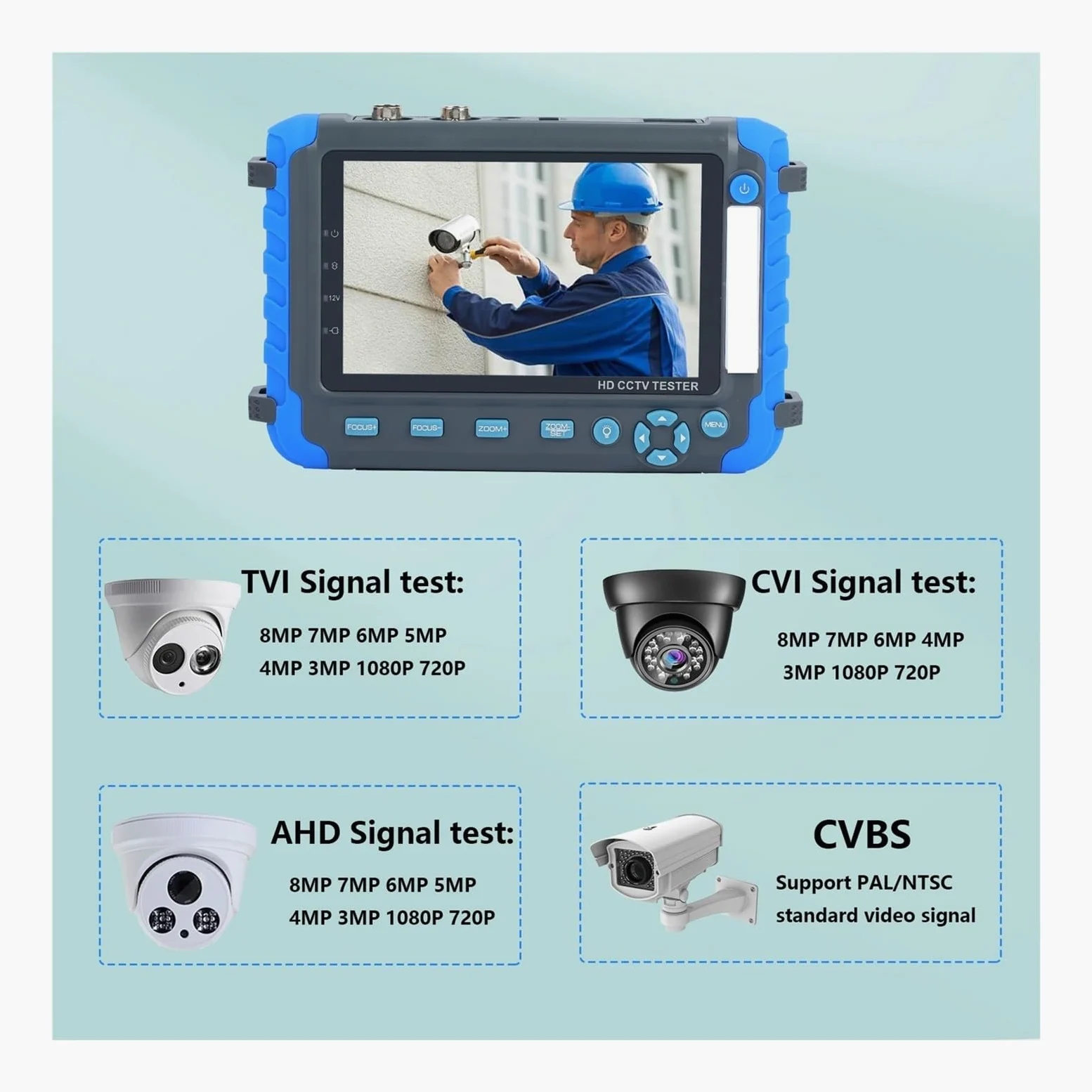 Tester CCTV, Tester for telecamera di sicurezza CCTV coassiale HD da 8 MP AHD TVI CVI CVBS Tester for telecamere di sicurezza alimentato DC12V portatile Tester video da 5 pollici