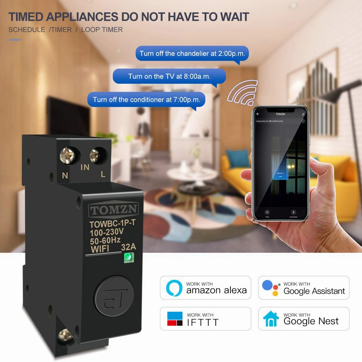 Interruttore Magnetotermico Differenziale Guida DIN. WIFI Interruttore di circuito Smart Switch Telecomando for Life for Home 18mm 32A 50A(50A)