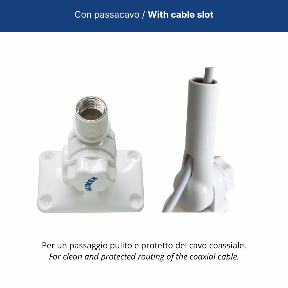 Glomex – Base a Doppio Snodo Glomeasy in Nylon (Bianco), Modello RA135FME – Bloccaggio a Manopola, Passacavo Impermeabile, Filettatura 5/8"x24, Per barche a vela, motore, gommoni, yacht