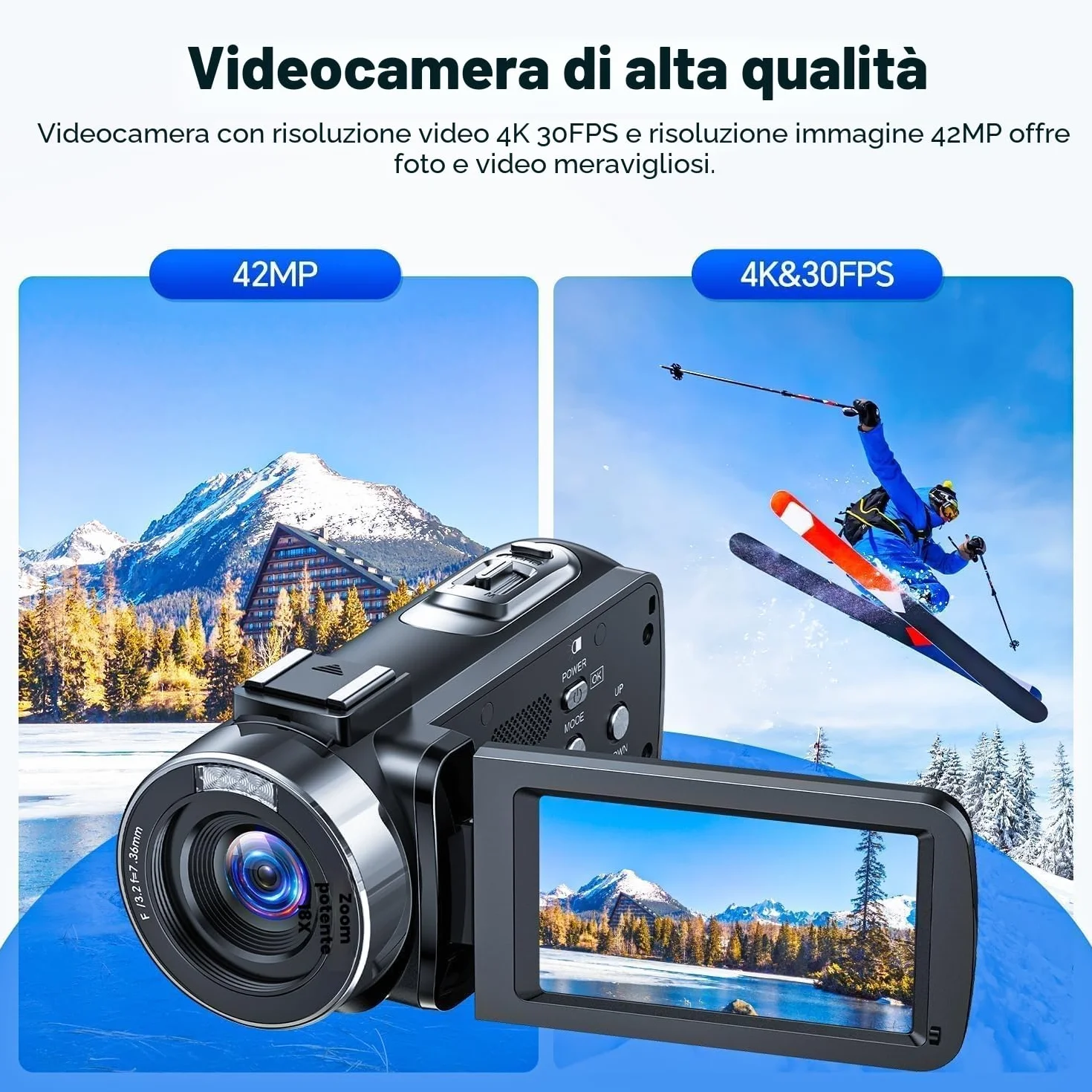 Videocamera 4K 42MP Camcorder per YouTube, 18X Zoom Digitale Videocamere, Schermo Rotante 270° 3" Vlog Camera con Scheda SD da 32 GB, Telecomando, 2 Batterie