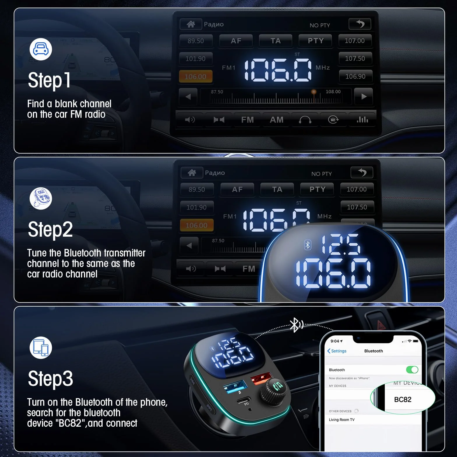 Hoppac Trasmettitore Bluetooth 5.3 Per Auto, PD 30W & QC 3.0 Adattatore Bluetooth Auto Per La Ricarica Rapida, Display LED,Per Ascoltare Musica e Telefonare in Vivavoce