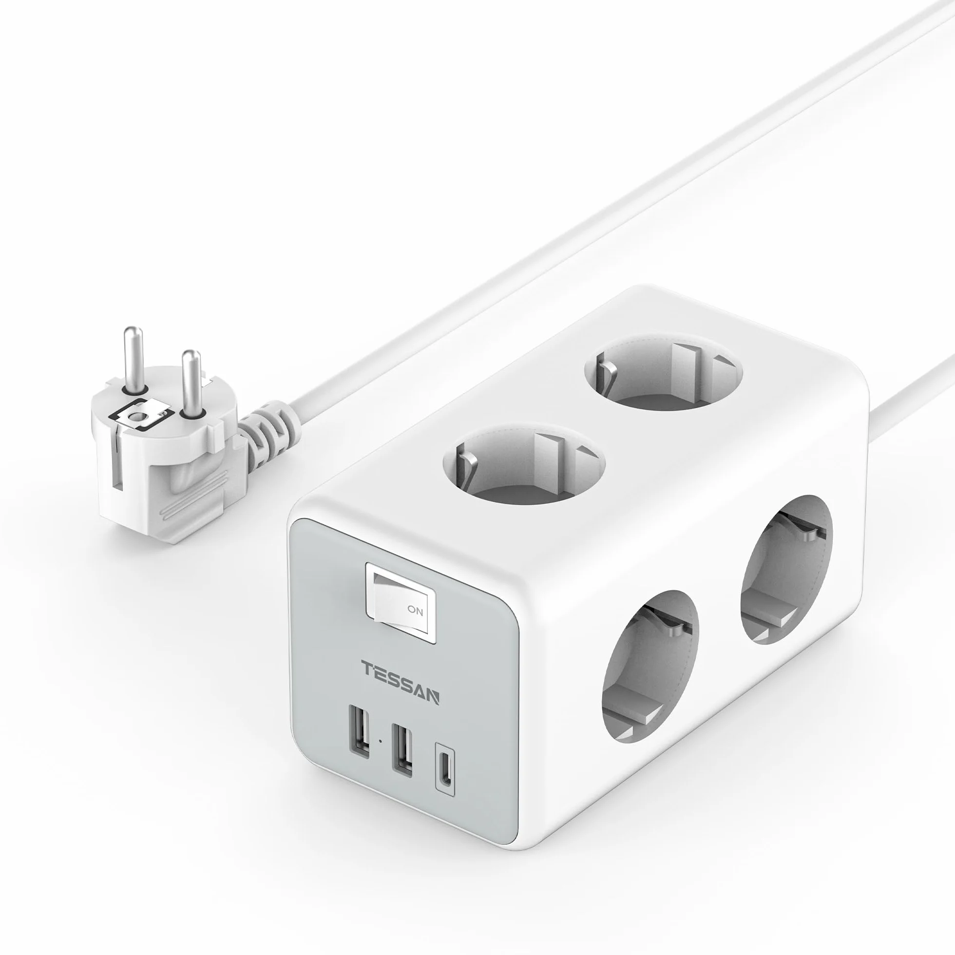 TESSAN Ciabatta Multipresa con USB C e 6 Prese, 9 in 1 Ciabatta Elettrica con Interruttore, 3600W Presa Multipla Cavo 2M, Multipresa da Scrivania per Casa e Ufficio