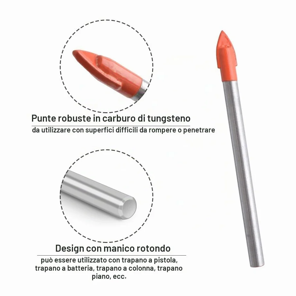 Punte Trapano per Vetro 10 Pezzi 6mm Punta per Piastrelle Gres Porcellanato Ceramica Granito Acciaio Tungsteno