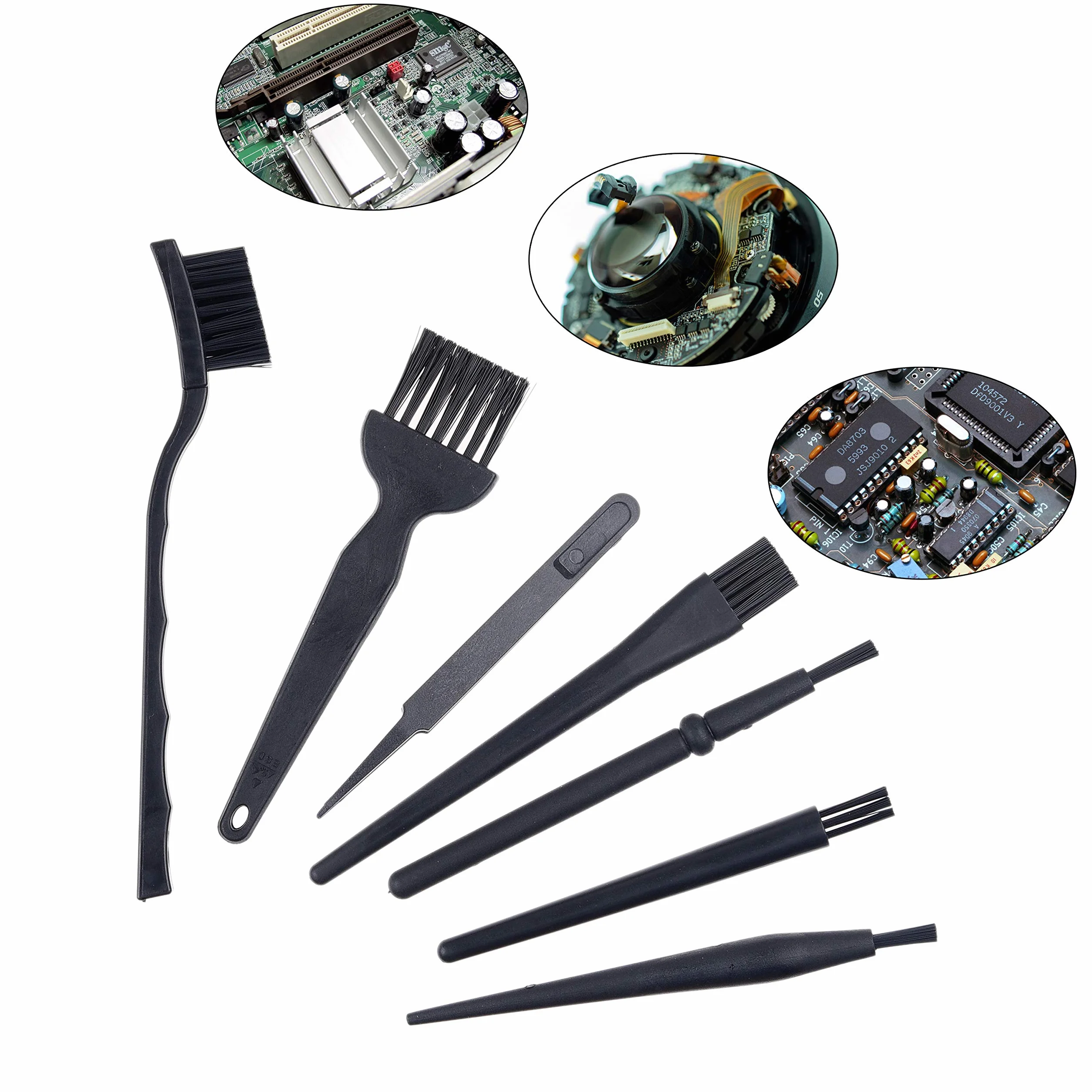 Camkix Spazzole Multiuso (Nero) – CONFEZIONE DA 9-7x Spazzole –Multi Taglia, 1x Paio di Pinzette Antistatiche, 1x Panno di Pulizia – Piccole Fessure - Computer, Tastiere, PCB, Bocchette, Interno Auto