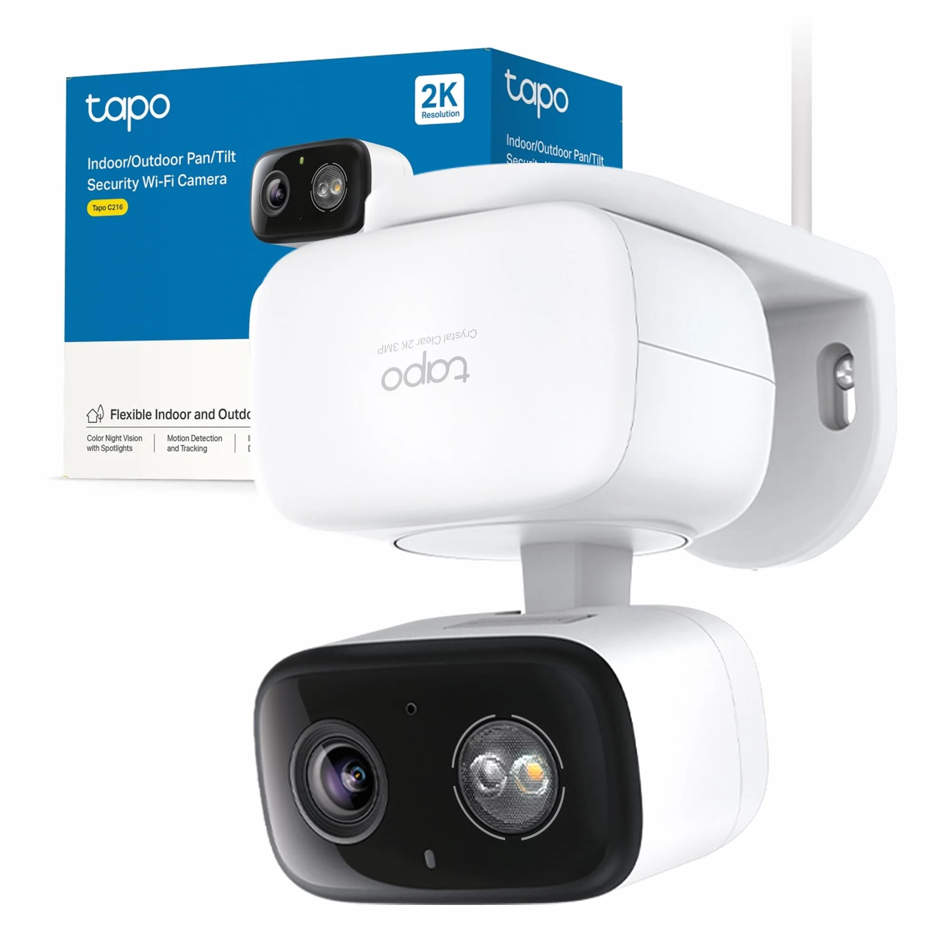 Tapo C216 2K 3MP Telecamera Wi-Fi Esterno, 360° Visuale, IP65, Visione Notturna a Colori, Rilevamento Smart AI, Audio Bidirezionale, Allarme Sonoro e Luminoso, Montaggio su Tavolo e Parete
