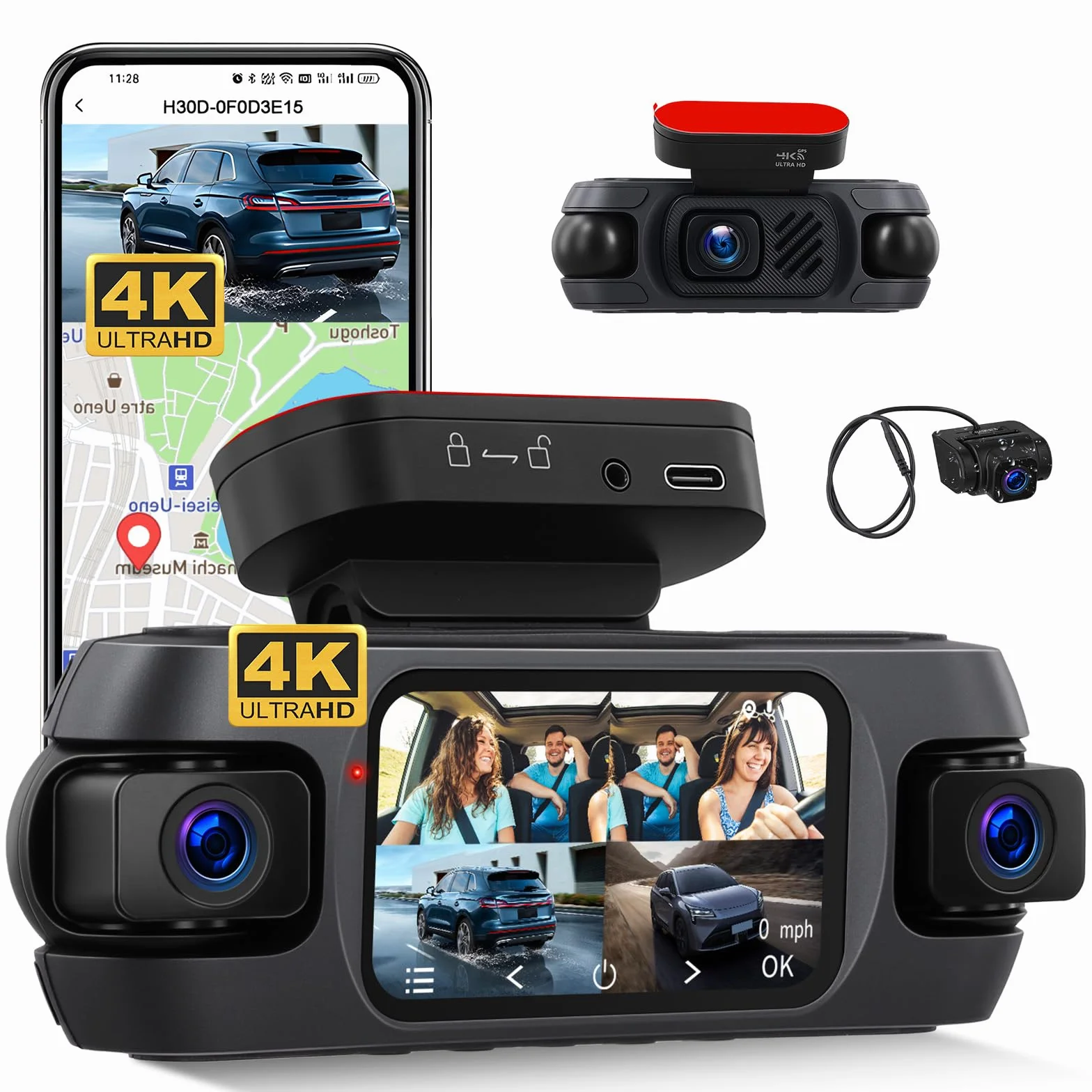 4K 360° Dash Cam Auto con GPS, Videocamera per Auto con Grandangolo 150°, Visione Notturna Super, Monitoraggio del Parcheggio, Sensore G, Registrazione in Loop, APP, Assistenza alla Retromarcia