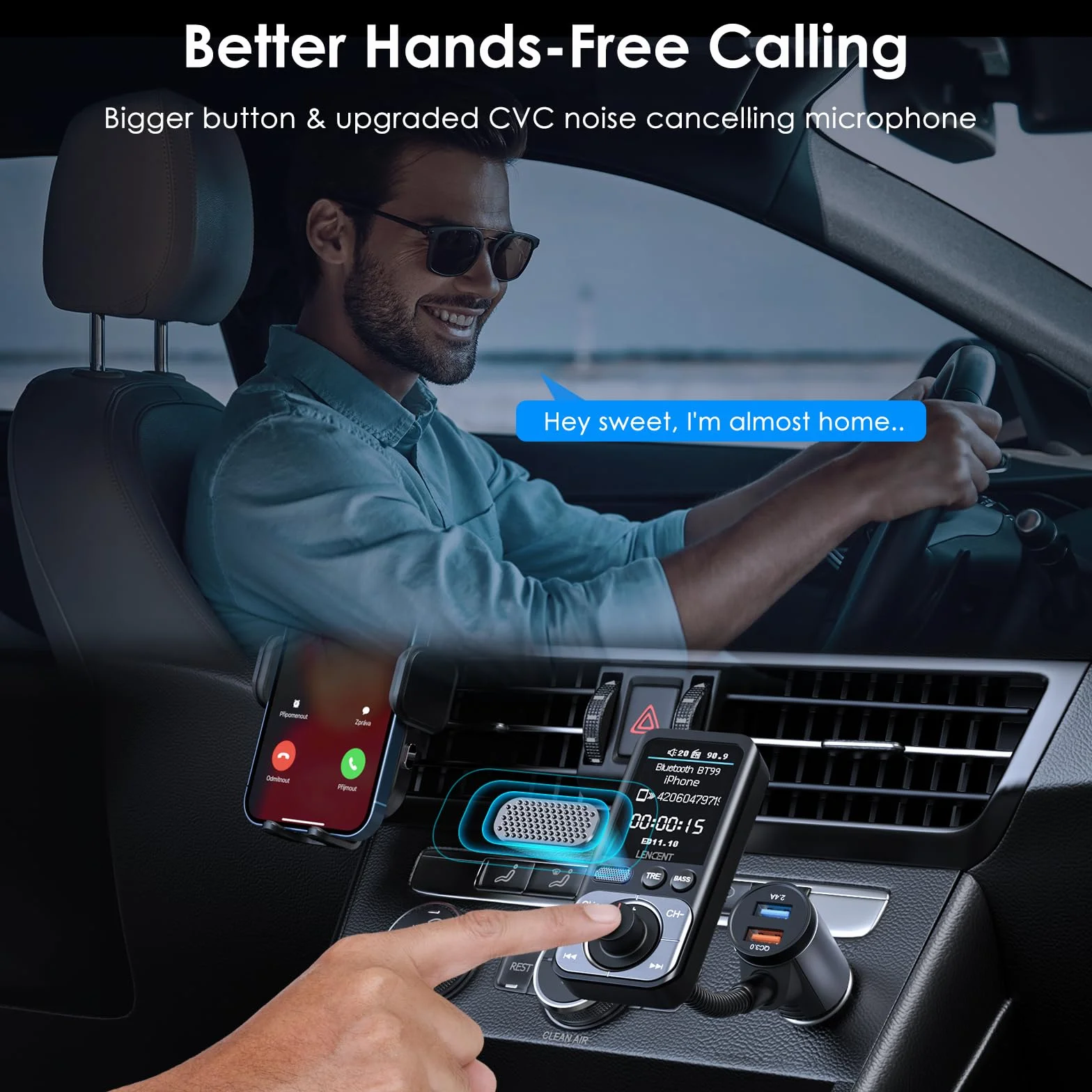 LENCENT Trasmettitore FM Bluetooth 5.0 Auto, QC3.0 18W Ricarica Veloce, Adattatore Radio Auto AUX con Schermo a Colori, Hi-Fi & Bassi Profondi, Chiamatta Vivavoce, Assistente Siri e Google, Scheda TF