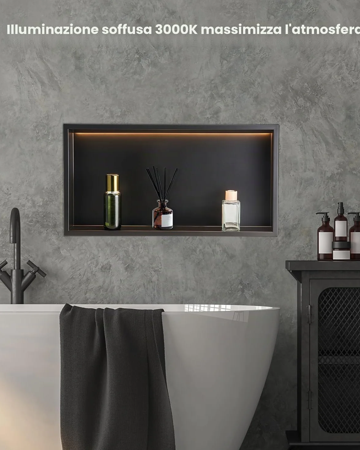 VEVOR Nicchia per Doccia 33x63.5x10.2 cm Acciaio Inossidabile da Incasso LED Striscia Porta Sapone Shampoo Impermeabile Nero