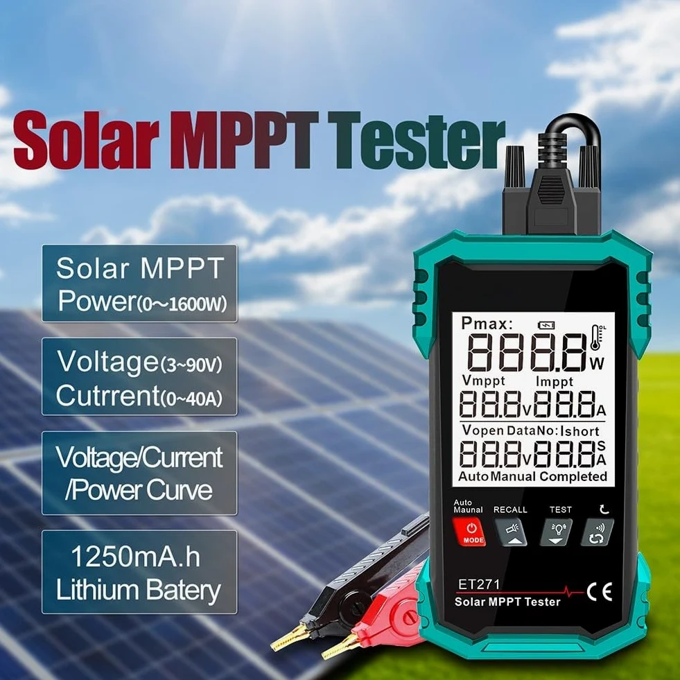 ET271 Misuratore di energia solare con tester fotovoltaico 2000W per moduli fotovoltaici, display da 3,2", protezione da sovratensione, registrazione dati, blu