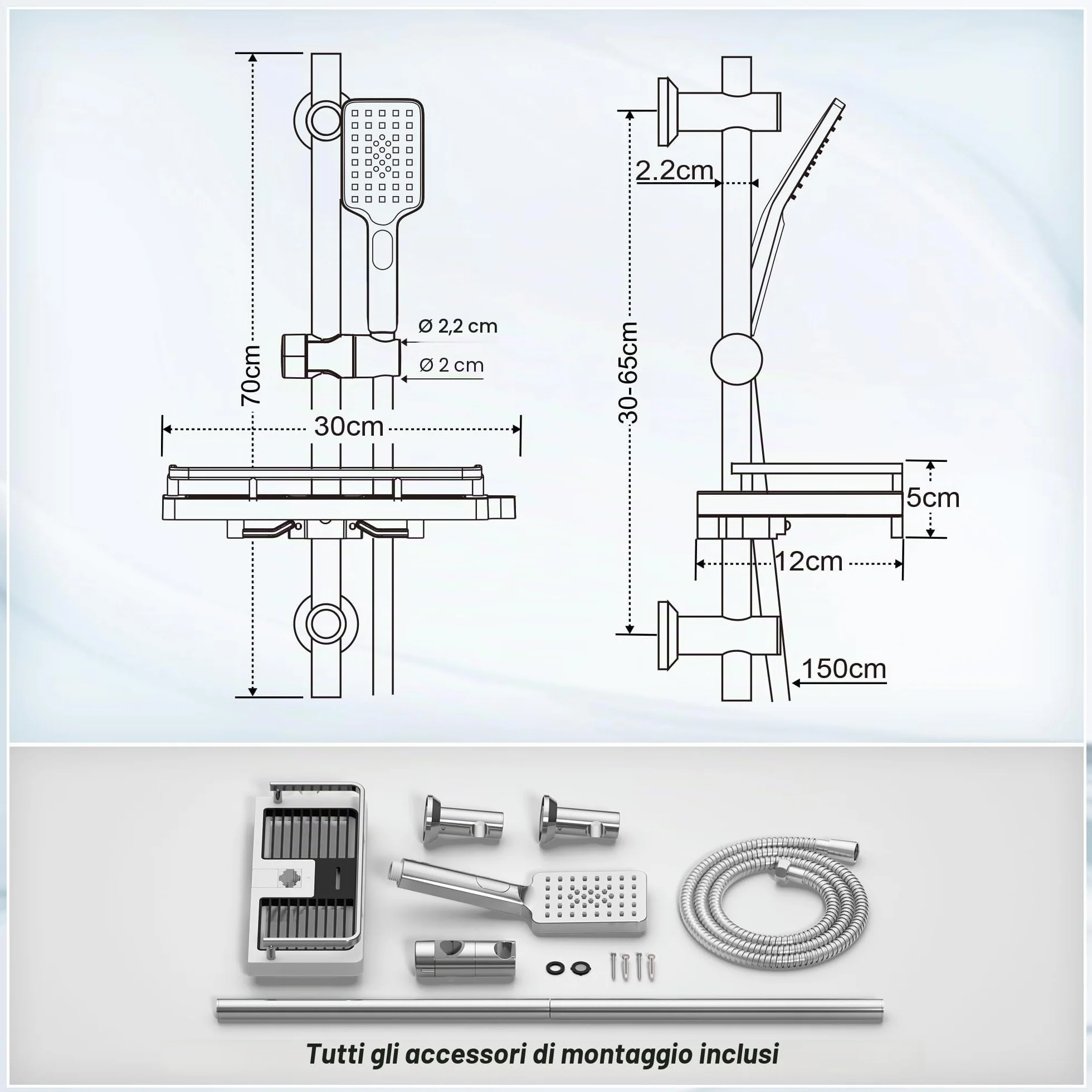 Görbach Colonna Doccia Acciaio Inox 70 cm Cromo 3 Getti con Soffione e Supporto