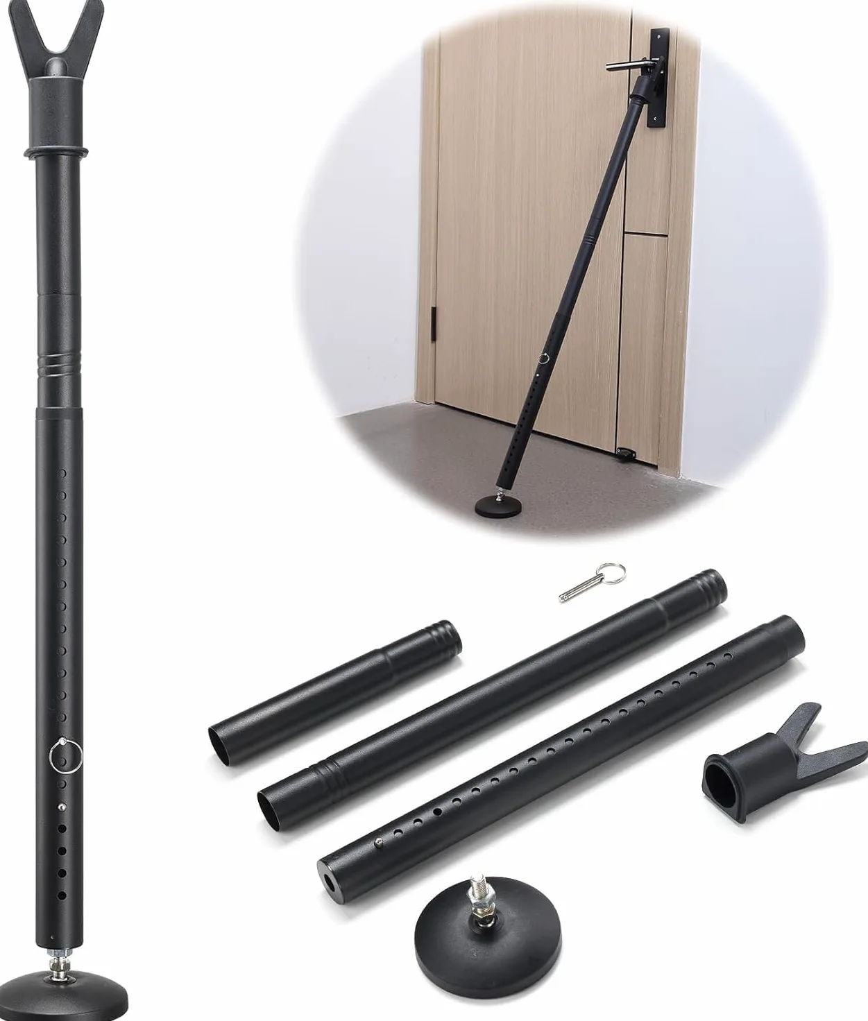 Barra di sicurezza per porta, resistente, con grande base in gomma, 66-127 cm, barra antifurto rimovibile per casa, viaggi, nero opaco