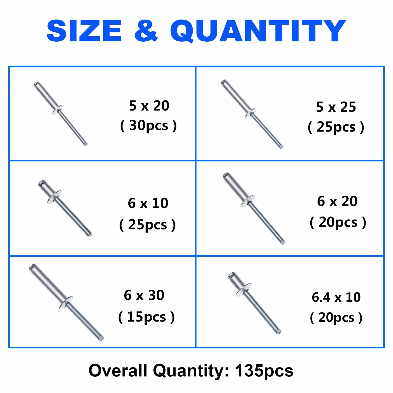 Gueenky 135 Pezzi Rivetti in Alluminio, 5/6/6,4 mm, 6 Dimensioni Set Rivetti Pop Ciechi per Metallo Legno Plastica